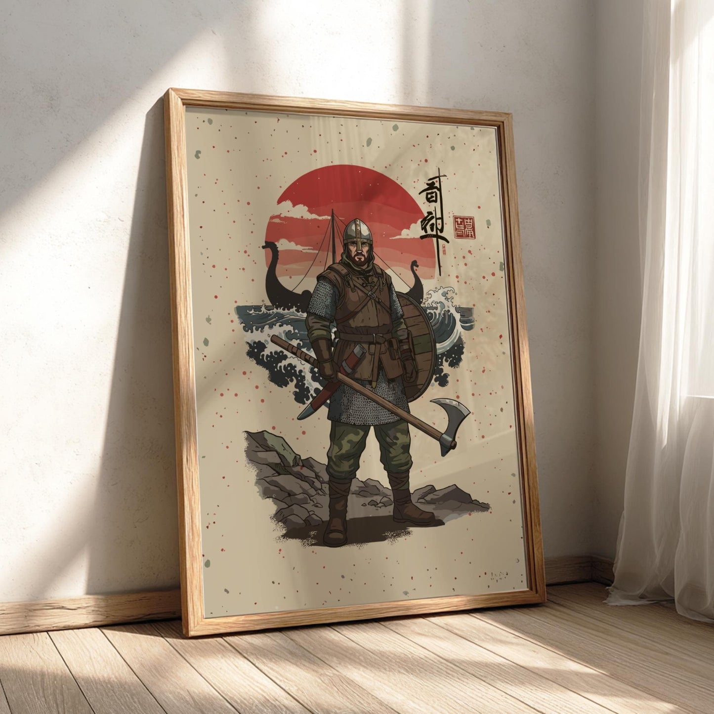 Viking Huscarl Japanese Ink Art Print, Sumi-e Rising Sun Poster, Mixed Media Warrior Decor