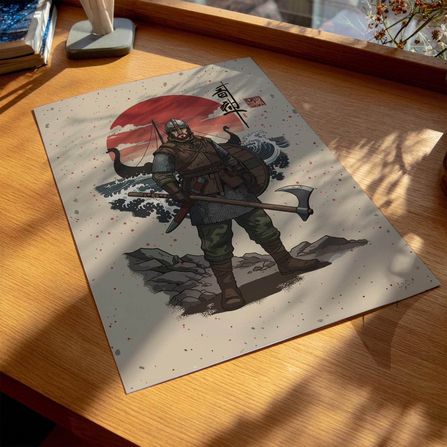 Viking Huscarl Japanese Ink Art Print, Sumi-e Rising Sun Poster, Mixed Media Warrior Decor