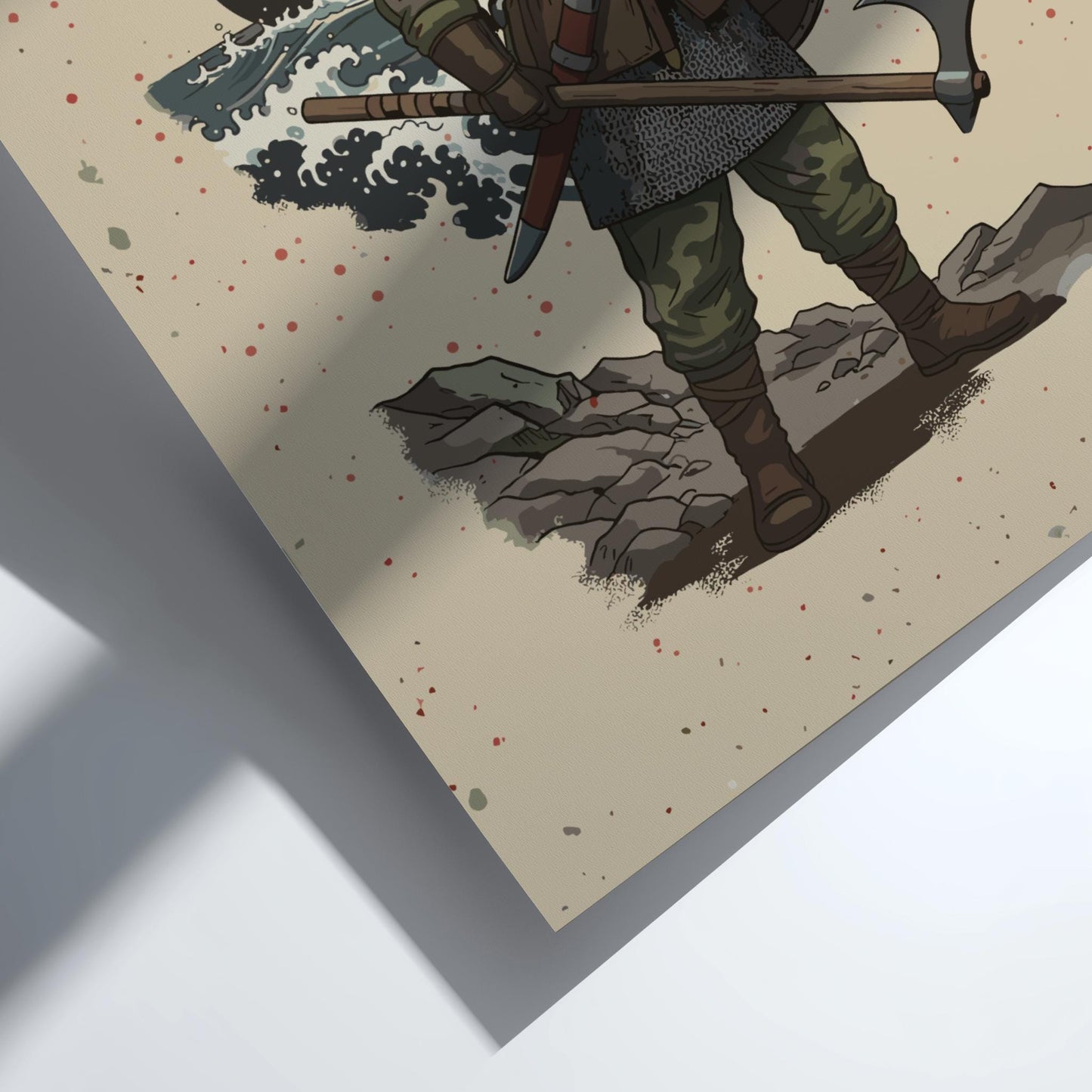 Viking Huscarl Japanese Ink Art Print, Sumi-e Rising Sun Poster, Mixed Media Warrior Decor