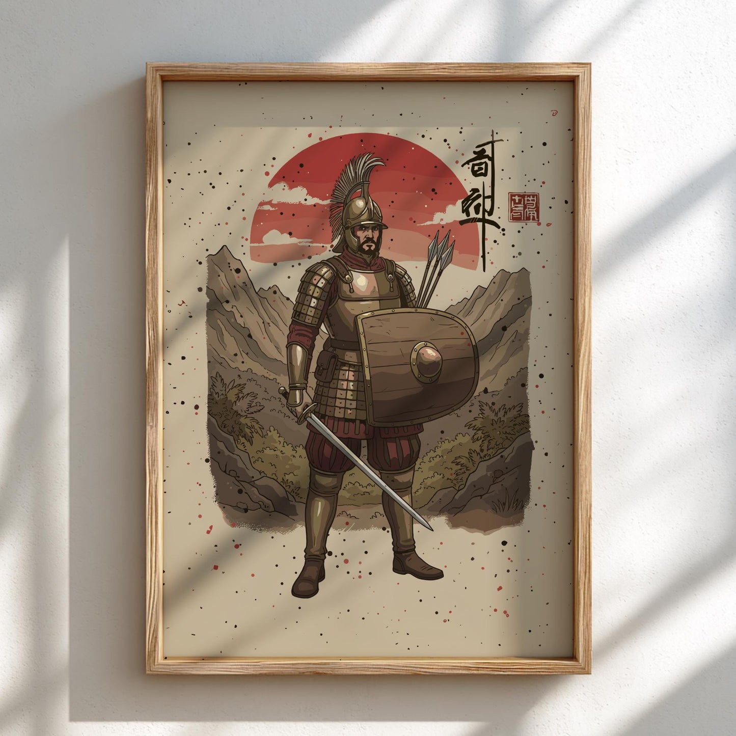 Samnite Warrior Japanese Ink Art Print, Sumi-e Rising Sun Poster, Mixed Media Wall Decor