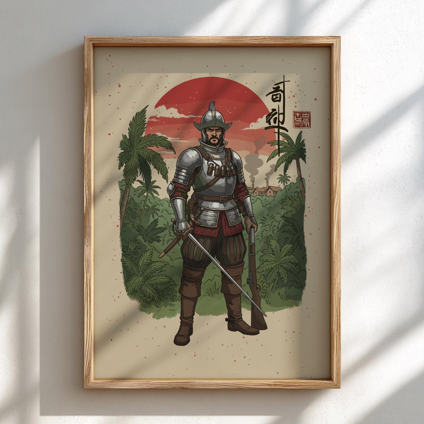 Conquistador Warrior Japanese Ink Art Print, Sumi-e Rising Sun Poster, Mixed Media Wall Decor