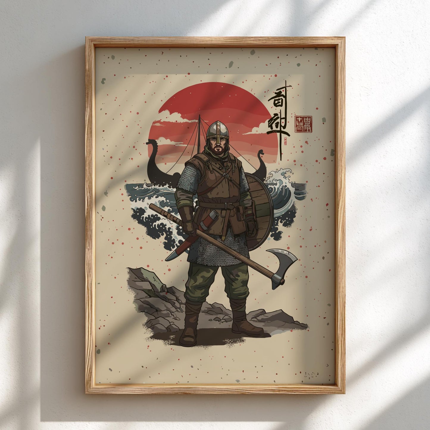 Viking Huscarl Japanese Ink Art Print, Sumi-e Rising Sun Poster, Mixed Media Warrior Decor