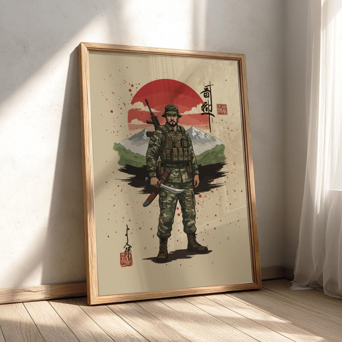 Gurkha Soldier Japanese Ink Art Print, Sumi-e Rising Sun Poster, Mixed Media Warrior Decor