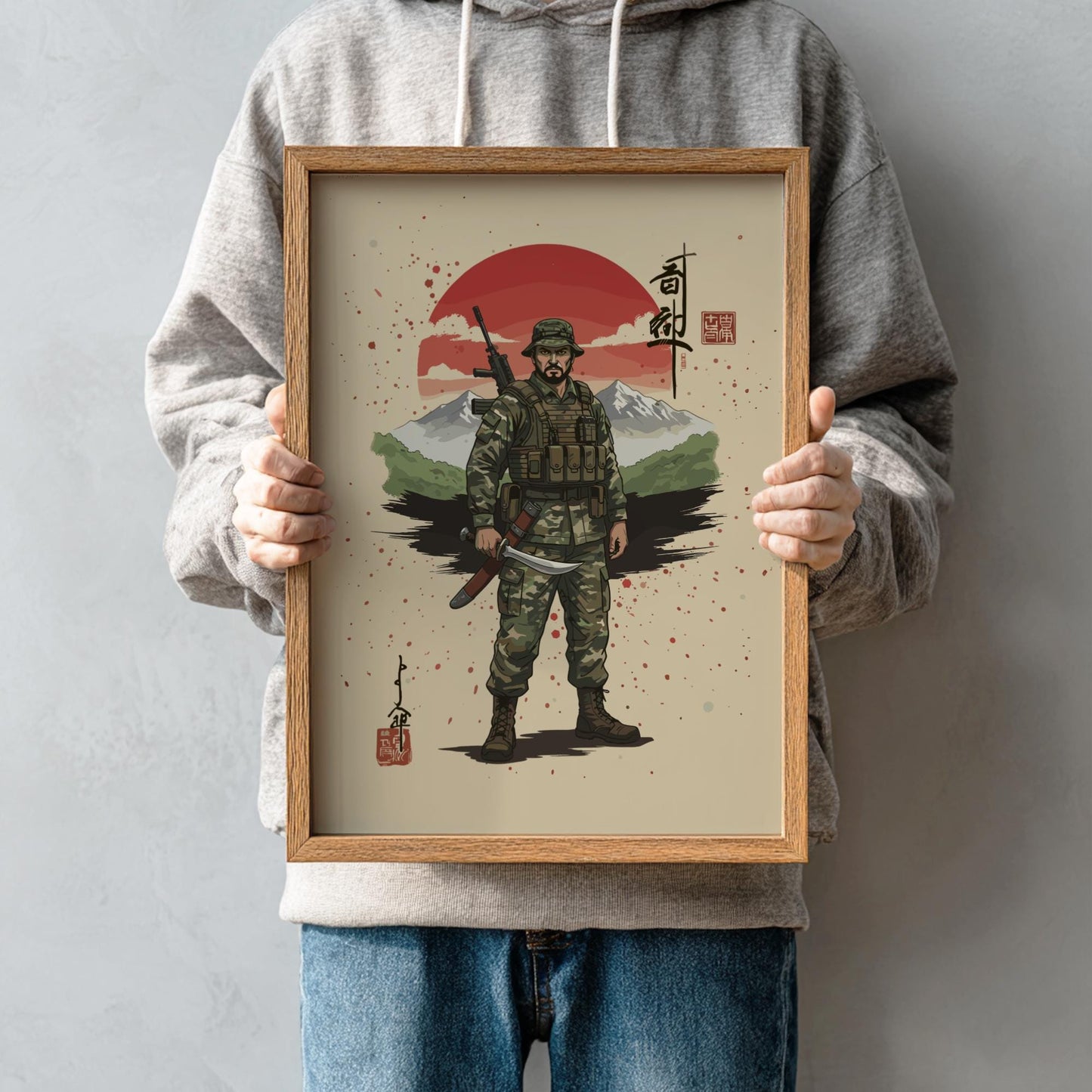 Gurkha Soldier Japanese Ink Art Print, Sumi-e Rising Sun Poster, Mixed Media Warrior Decor