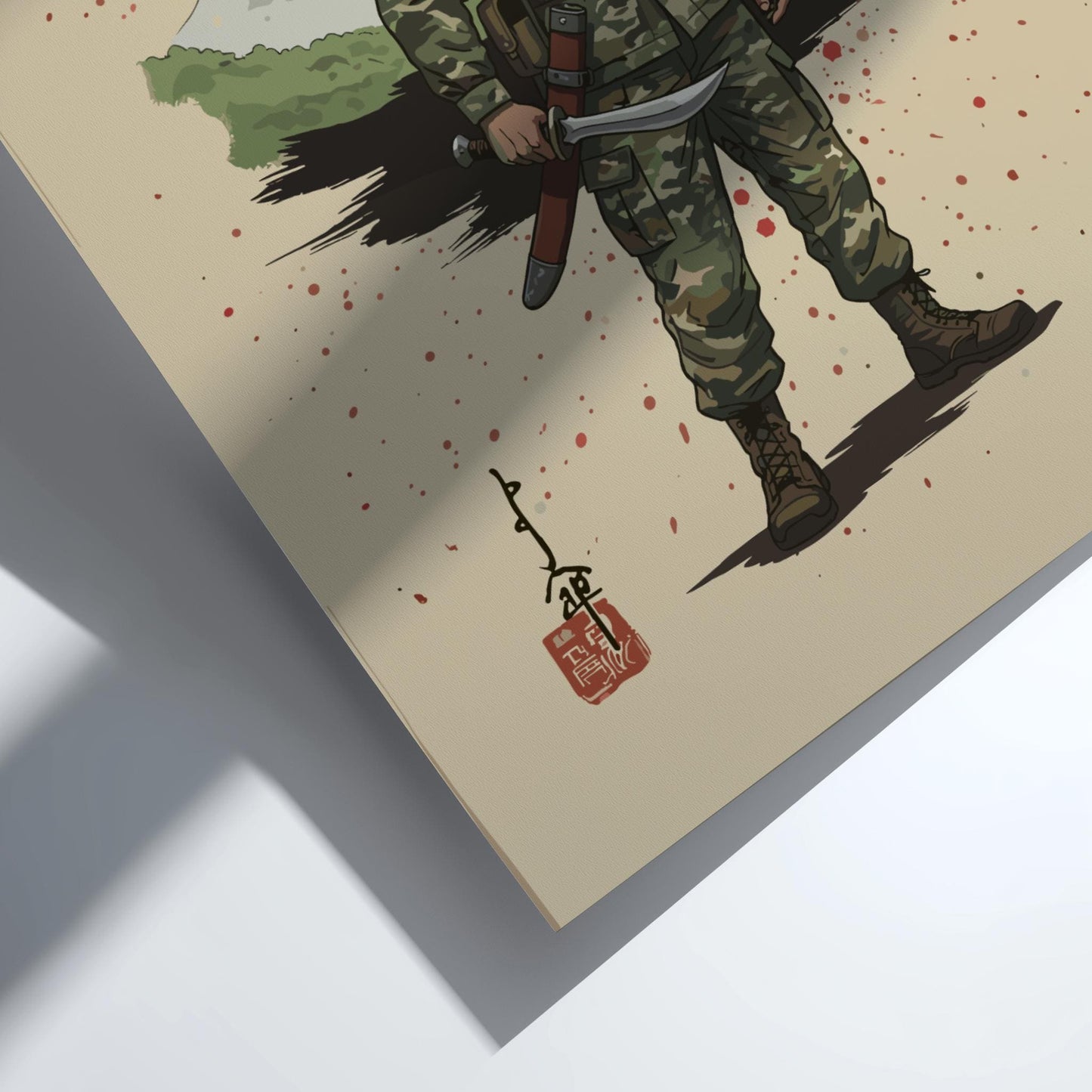 Gurkha Soldier Japanese Ink Art Print, Sumi-e Rising Sun Poster, Mixed Media Warrior Decor