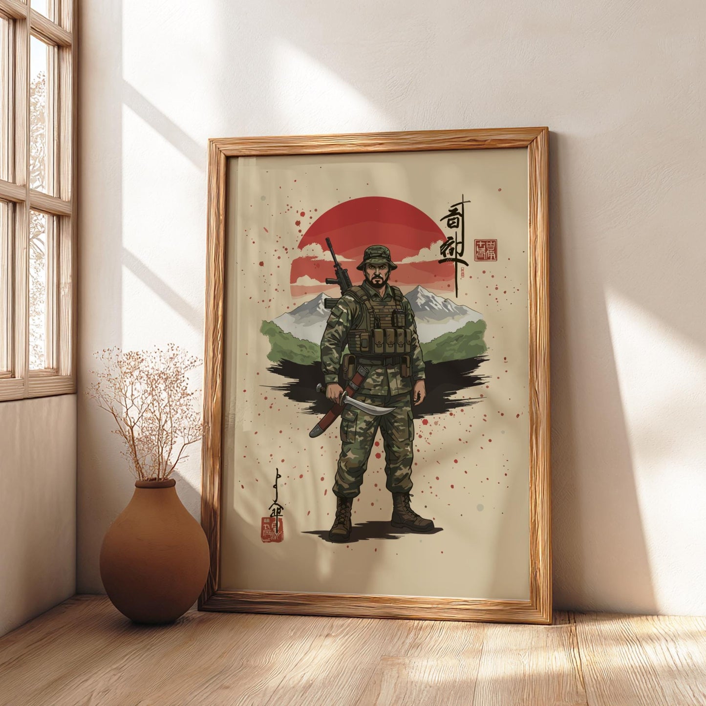 Gurkha Soldier Japanese Ink Art Print, Sumi-e Rising Sun Poster, Mixed Media Warrior Decor