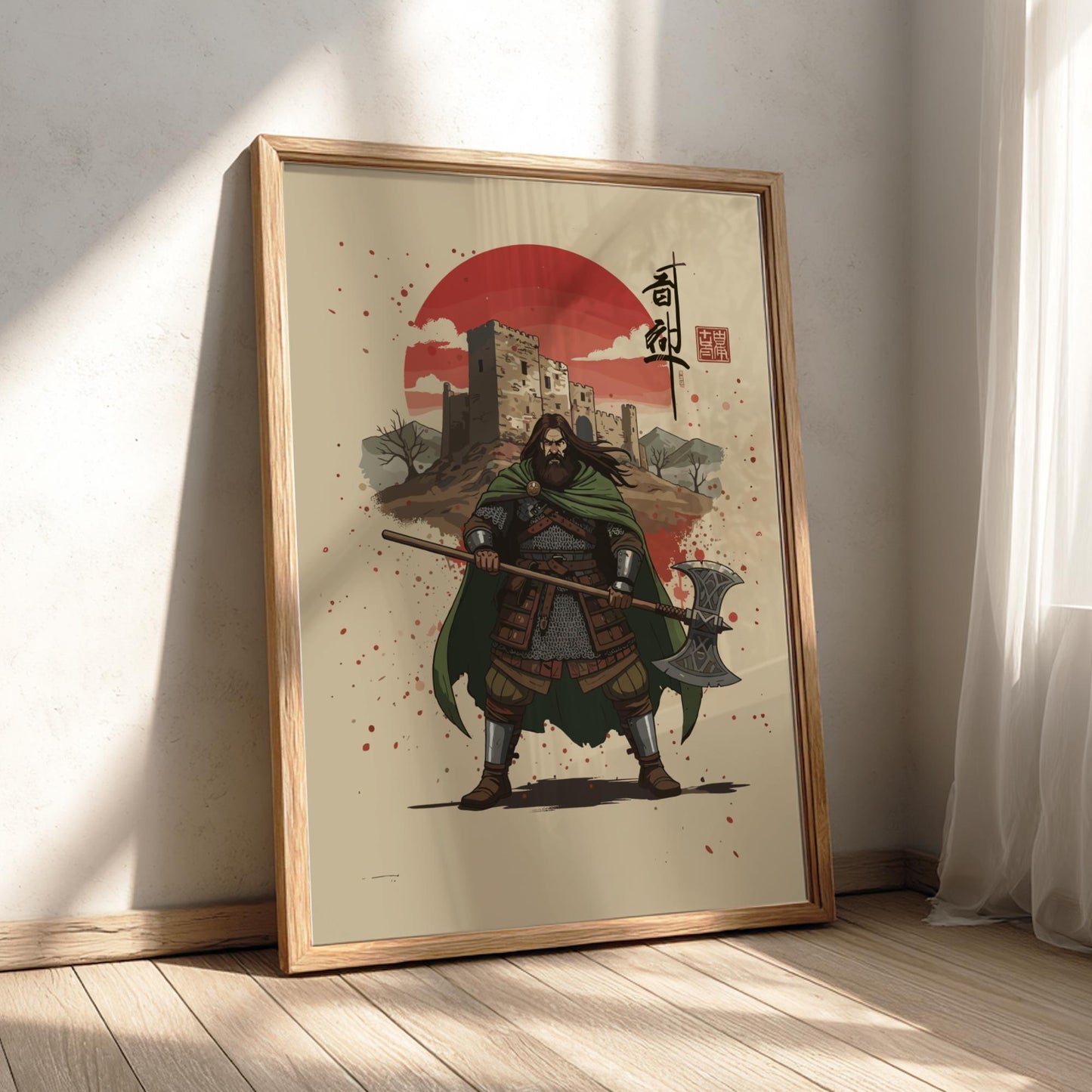 Gallowglass Mercenary Japanese Ink Art Print, Sumi-e Rising Sun Poster, Mixed Media Warrior Decor
