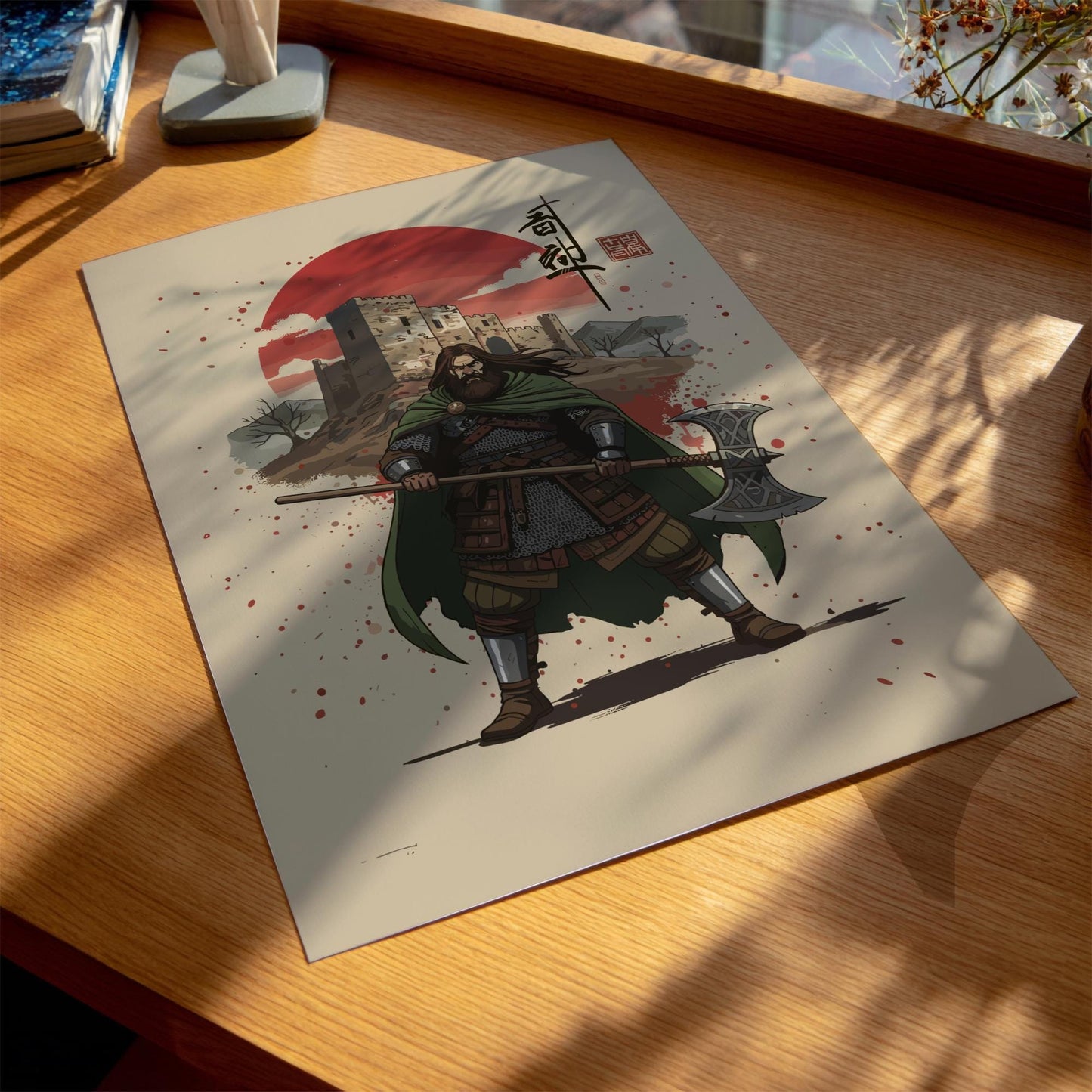 Gallowglass Mercenary Japanese Ink Art Print, Sumi-e Rising Sun Poster, Mixed Media Warrior Decor