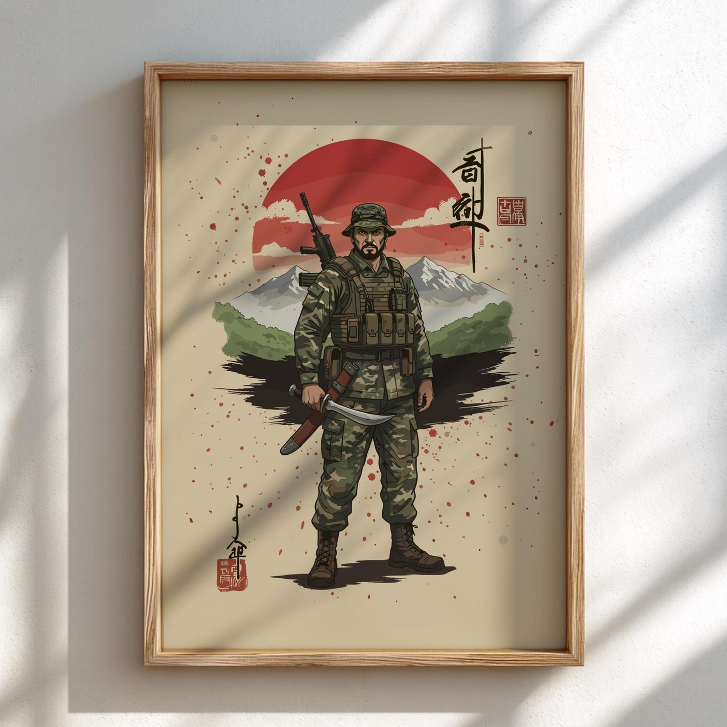 Gurkha Soldier Japanese Ink Art Print, Sumi-e Rising Sun Poster, Mixed Media Warrior Decor