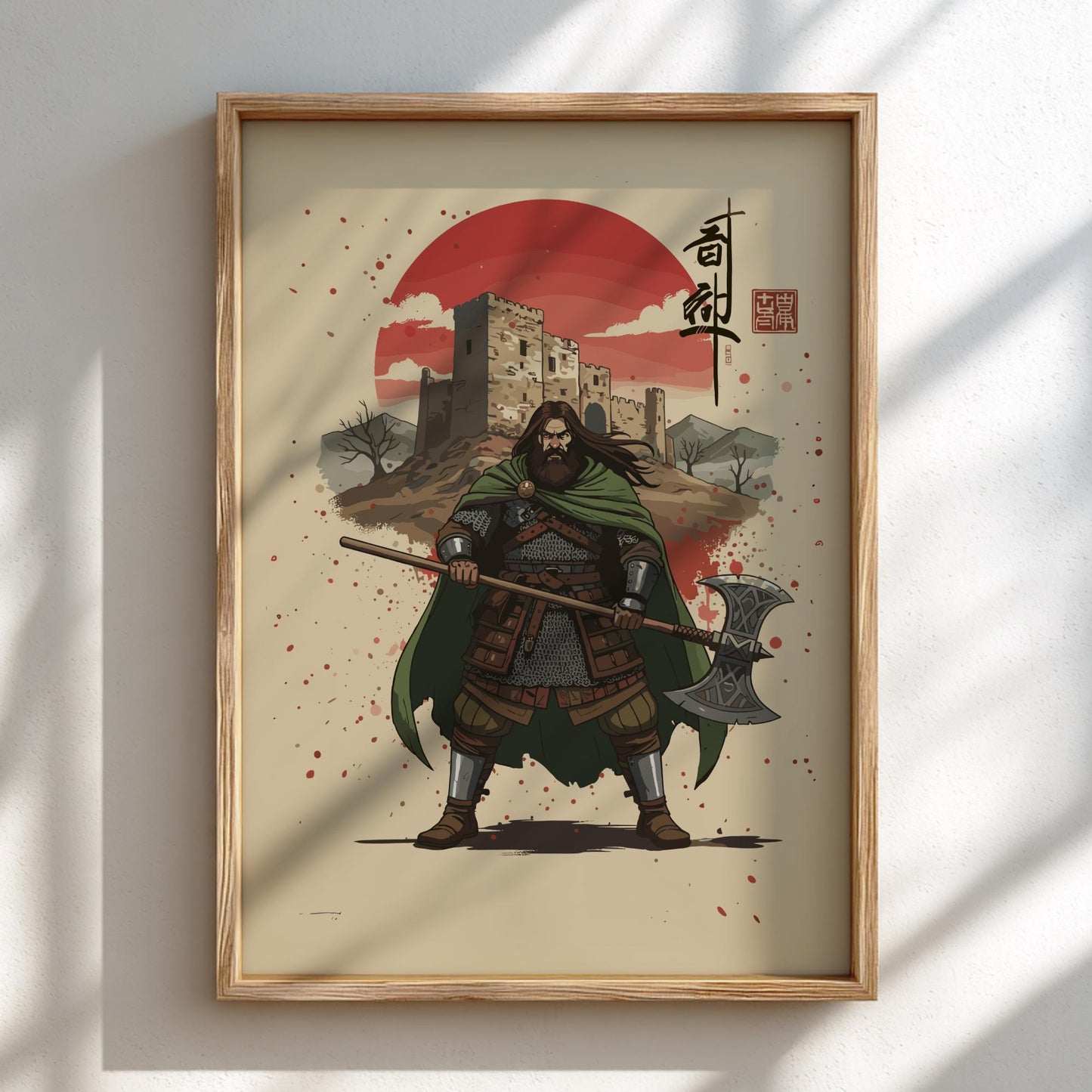 Gallowglass Mercenary Japanese Ink Art Print, Sumi-e Rising Sun Poster, Mixed Media Warrior Decor
