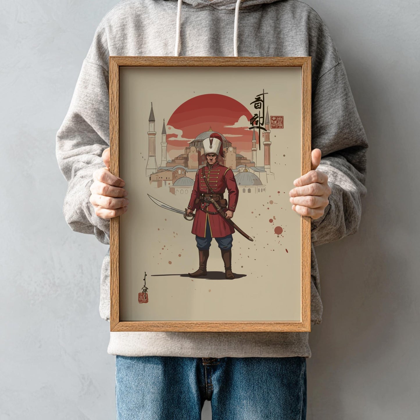 Janissary Ottoman Warrior Japanese Ink Art Print, Sumi-e Rising Sun Poster, Mixed Media Decor