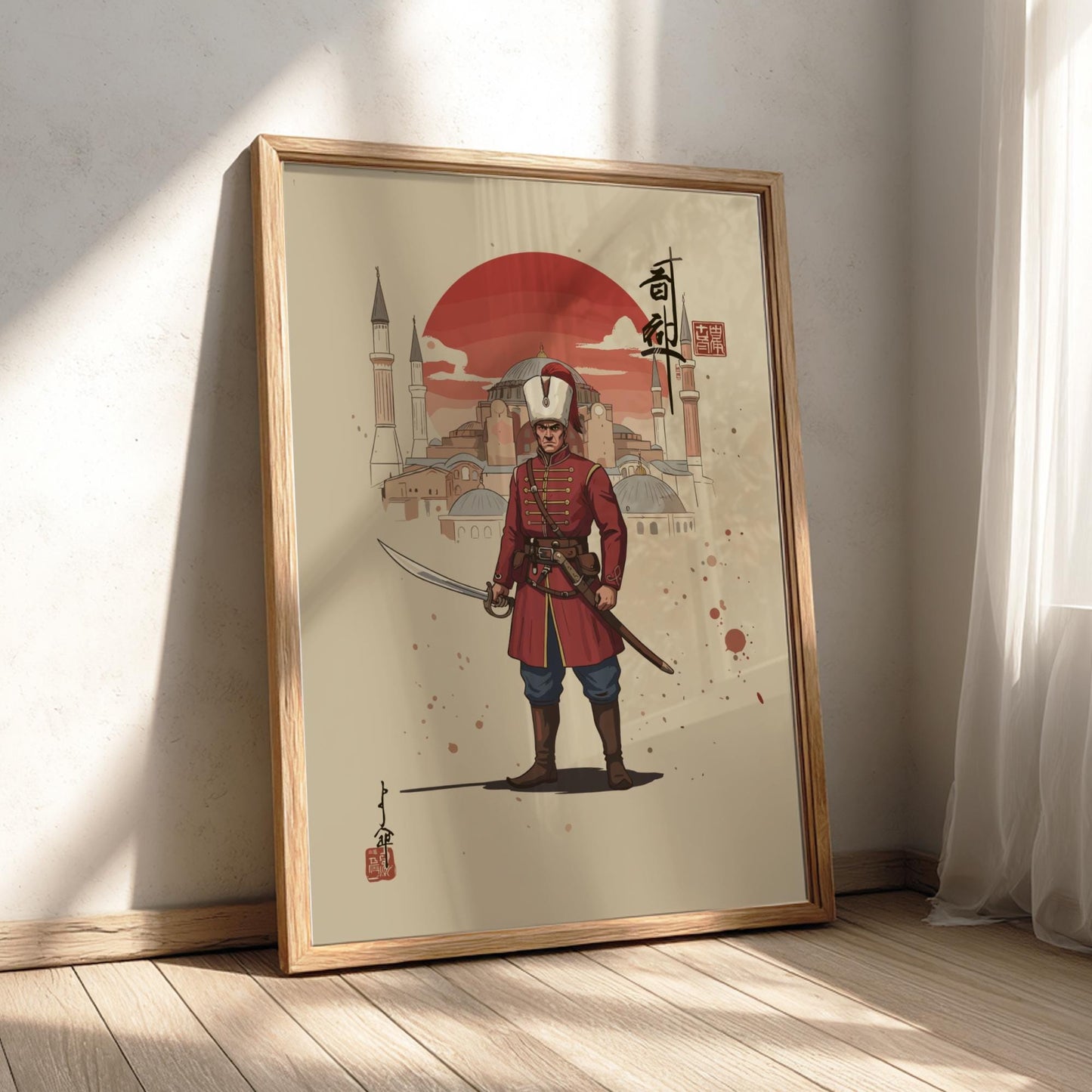 Janissary Ottoman Warrior Japanese Ink Art Print, Sumi-e Rising Sun Poster, Mixed Media Decor