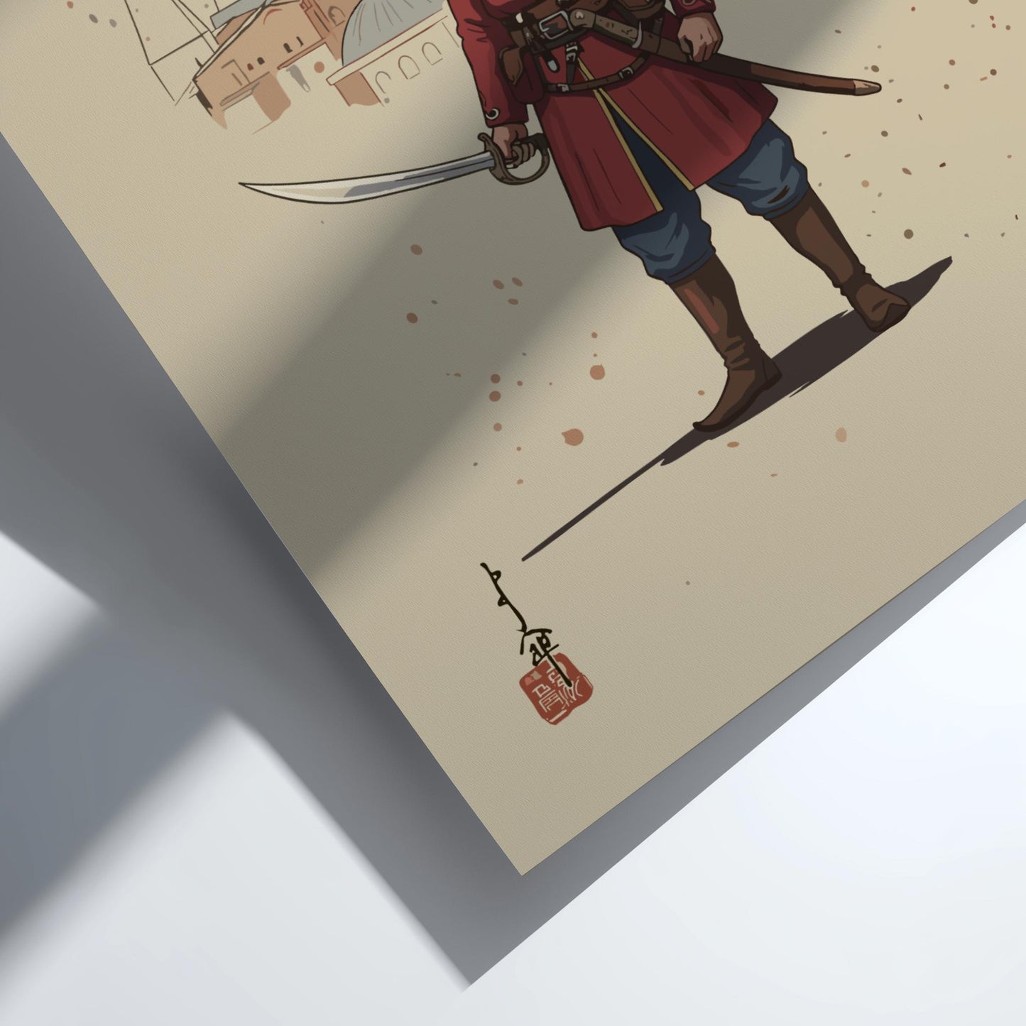 Janissary Ottoman Warrior Japanese Ink Art Print, Sumi-e Rising Sun Poster, Mixed Media Decor