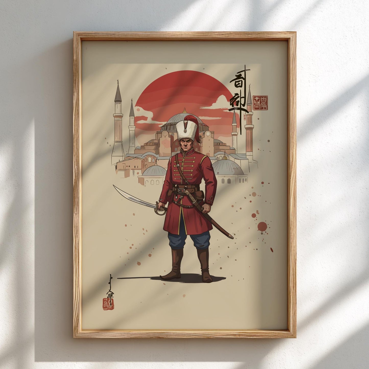 Janissary Ottoman Warrior Japanese Ink Art Print, Sumi-e Rising Sun Poster, Mixed Media Decor