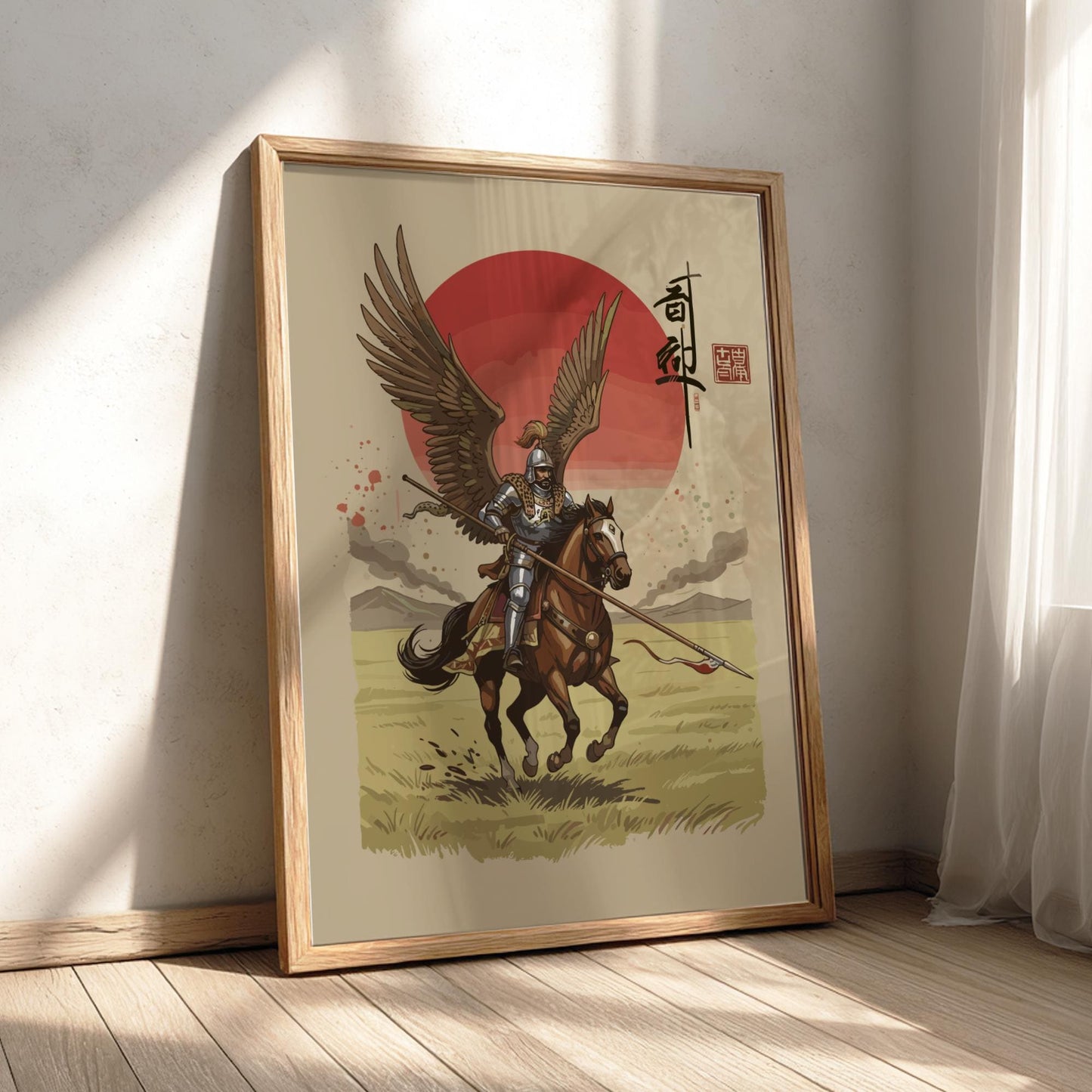 Hussar Warrior Japanese Ink Art Print, Sumi-e Rising Sun Poster, Mixed Media Wall Decor