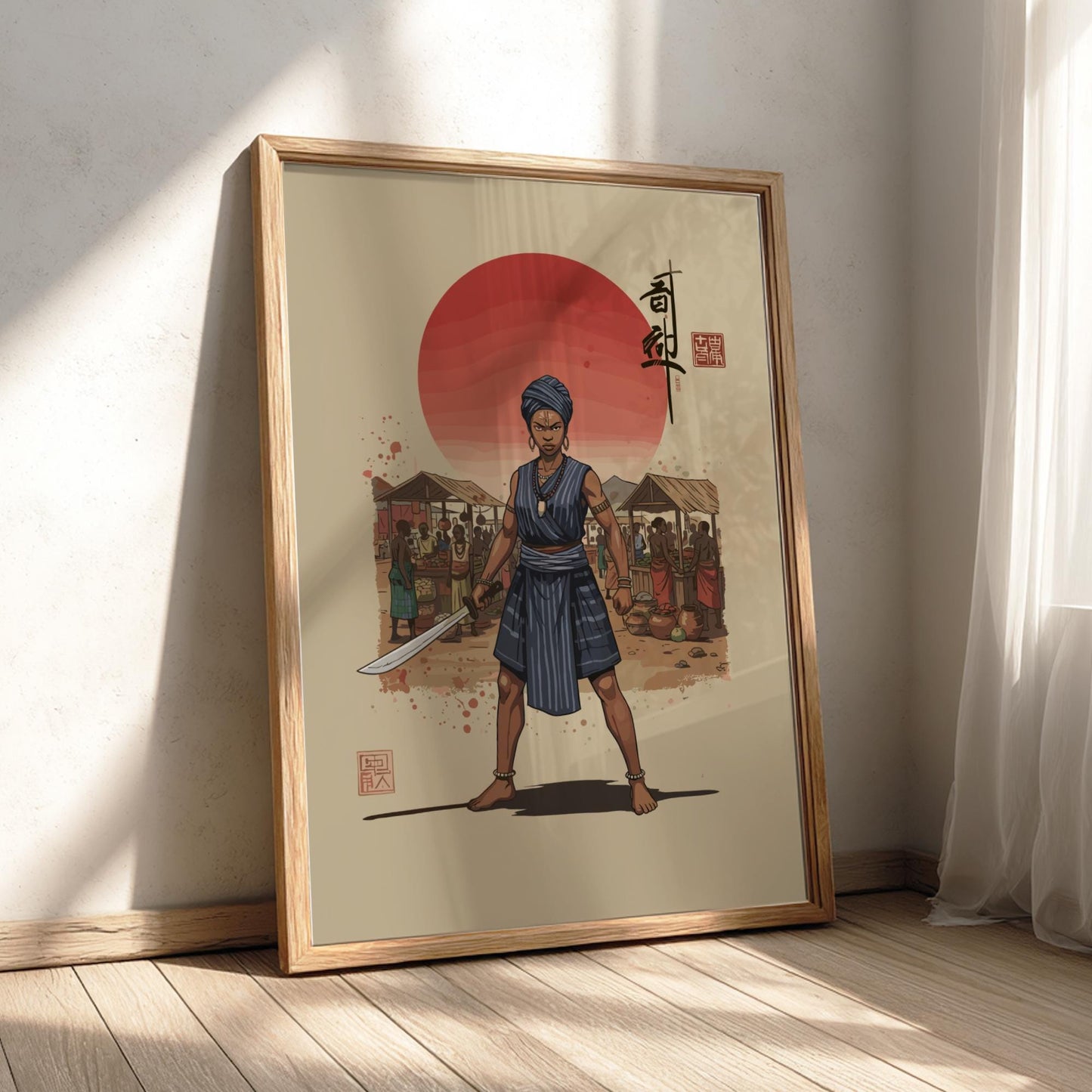 Dahomey Amazon Mino Japanese Ink Art Print, Sumi-e Rising Sun Poster, Mixed Media Warrior Decor