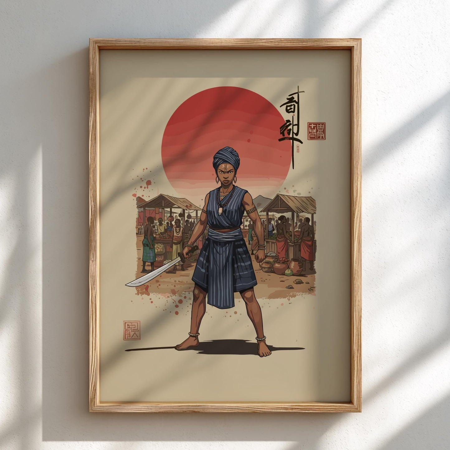 Dahomey Amazon Mino Japanese Ink Art Print, Sumi-e Rising Sun Poster, Mixed Media Warrior Decor