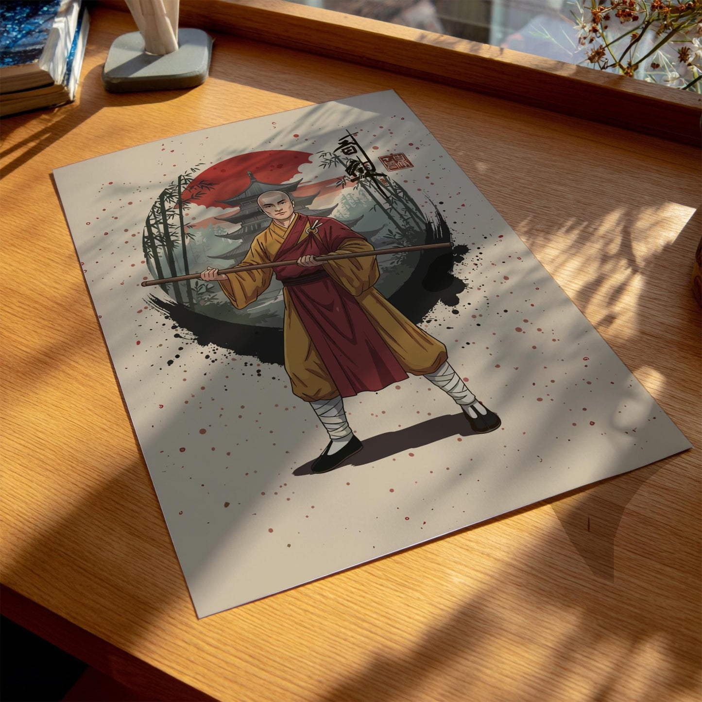 Shaolin Monk Warrior Japanese Ink Art Print, Sumi-e Rising Sun Poster, Mixed Media Wall Decor