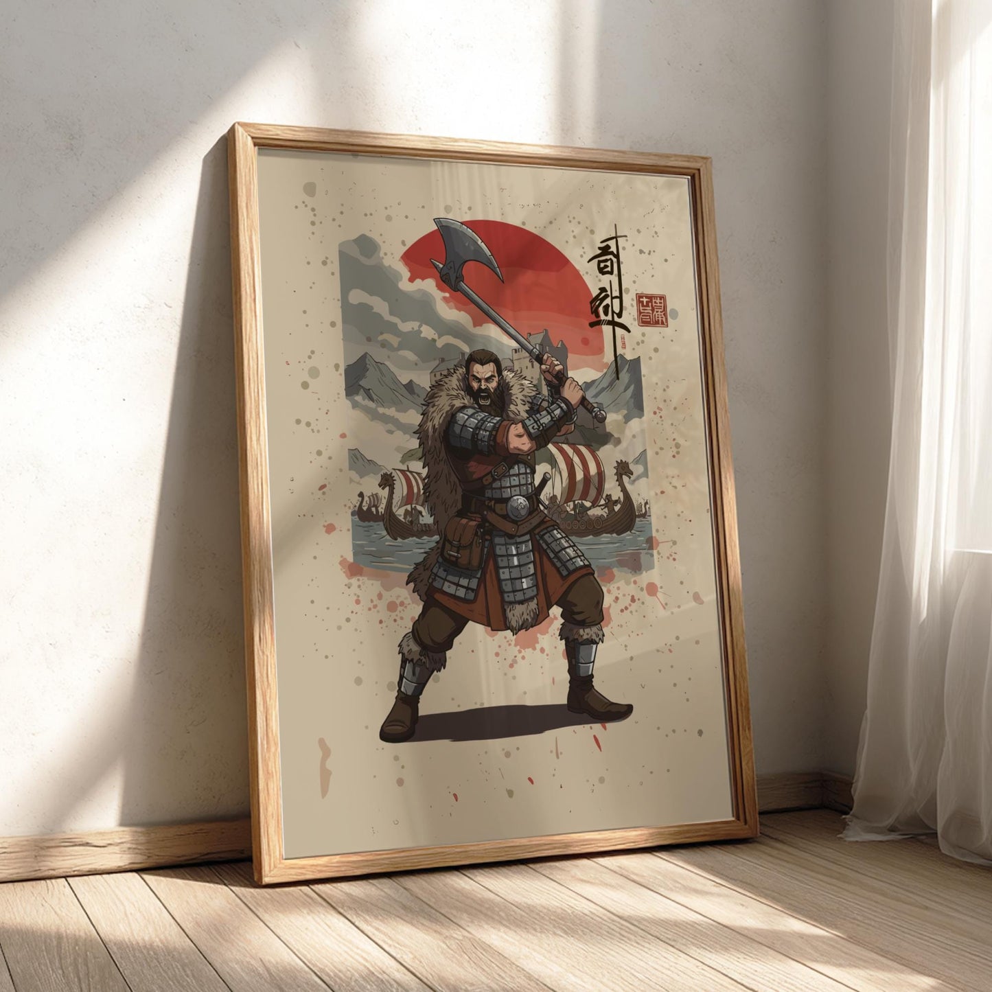 Viking Berserker Japanese Ink Art Print, Sumi-e Rising Sun Poster, Mixed Media Warrior Decor