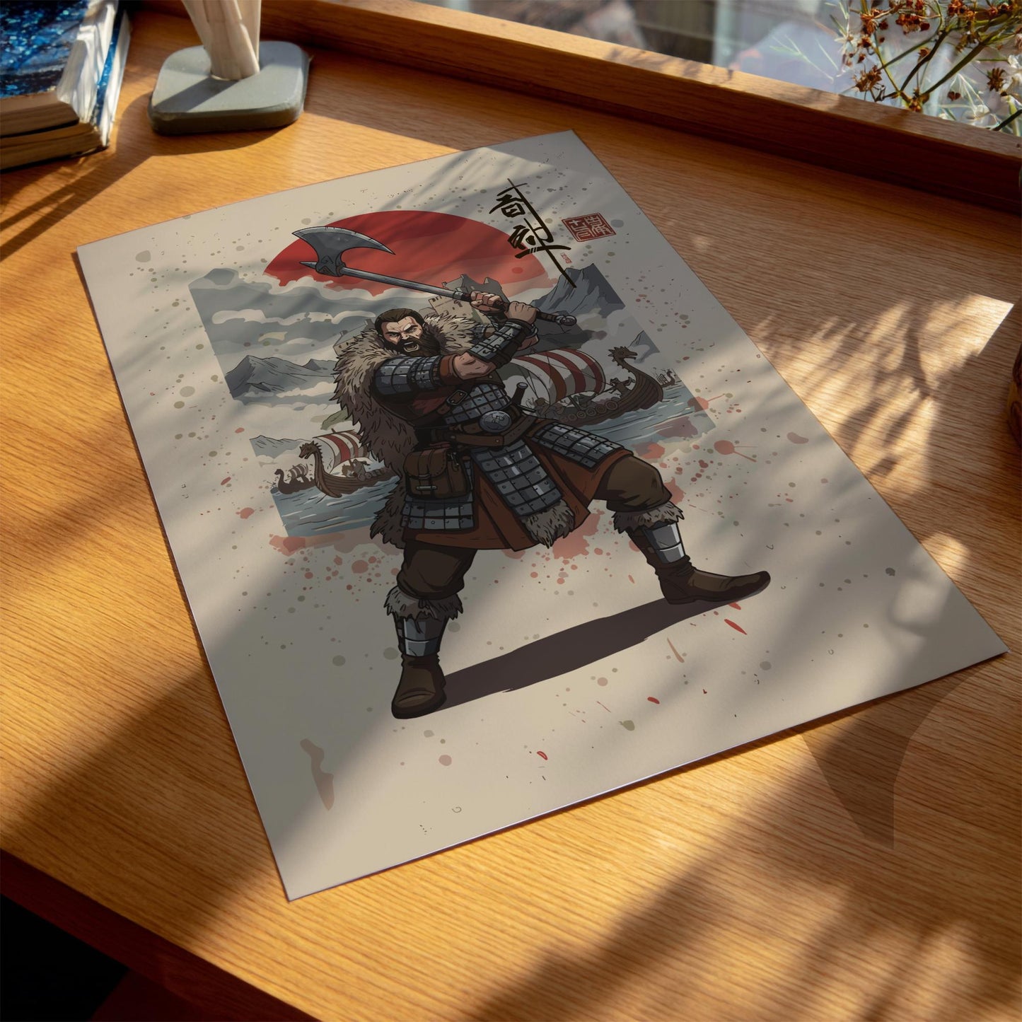 Viking Berserker Japanese Ink Art Print, Sumi-e Rising Sun Poster, Mixed Media Warrior Decor