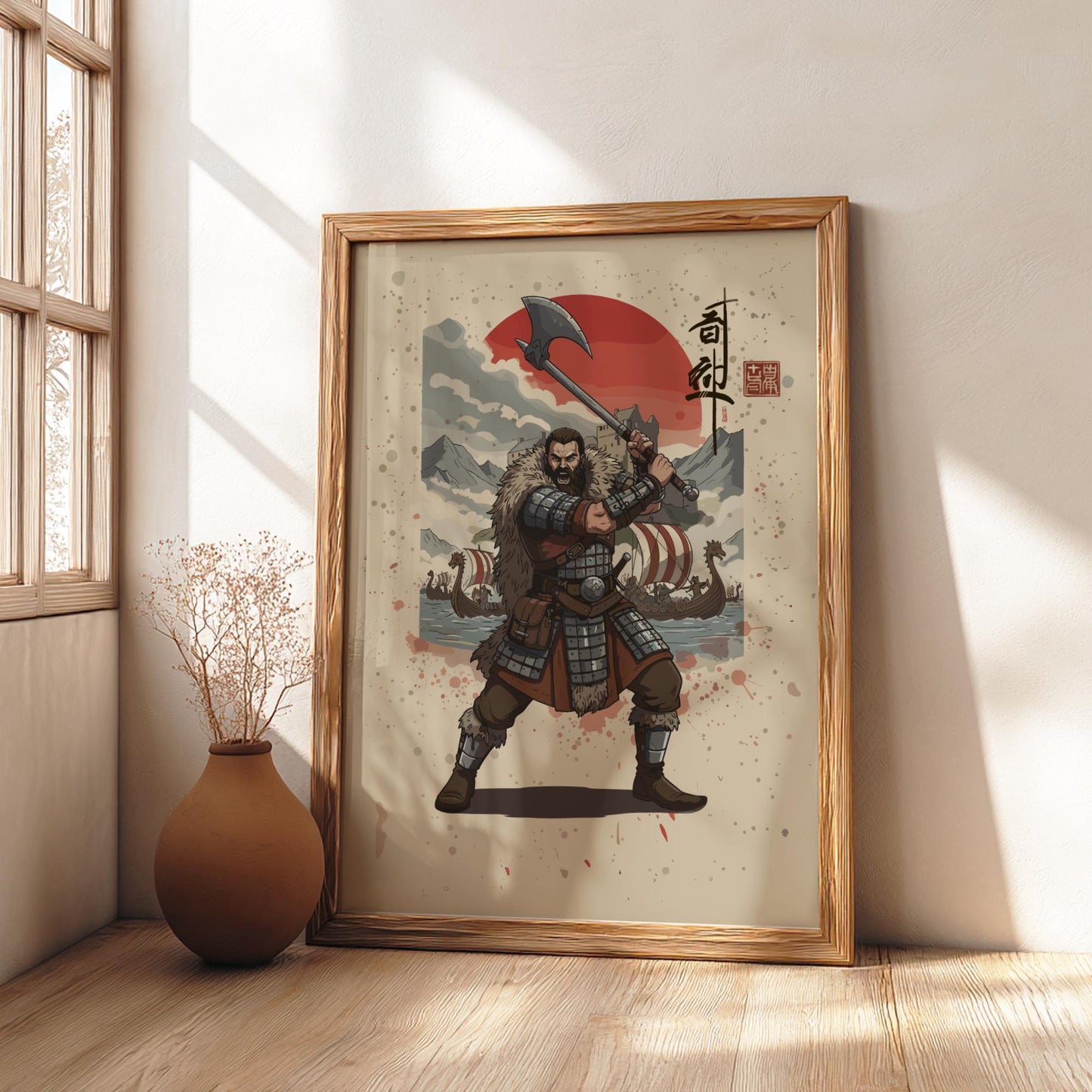 Viking Berserker Japanese Ink Art Print, Sumi-e Rising Sun Poster, Mixed Media Warrior Decor