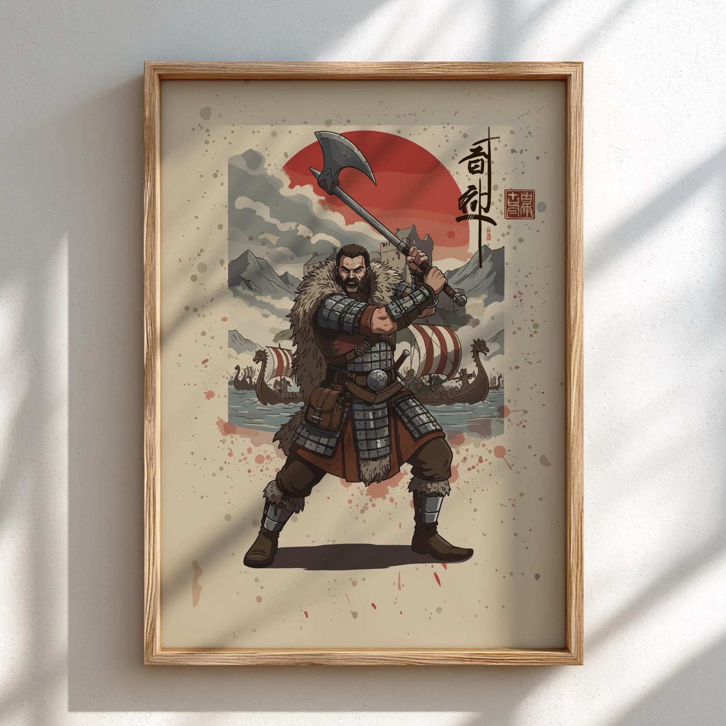 Viking Berserker Japanese Ink Art Print, Sumi-e Rising Sun Poster, Mixed Media Warrior Decor