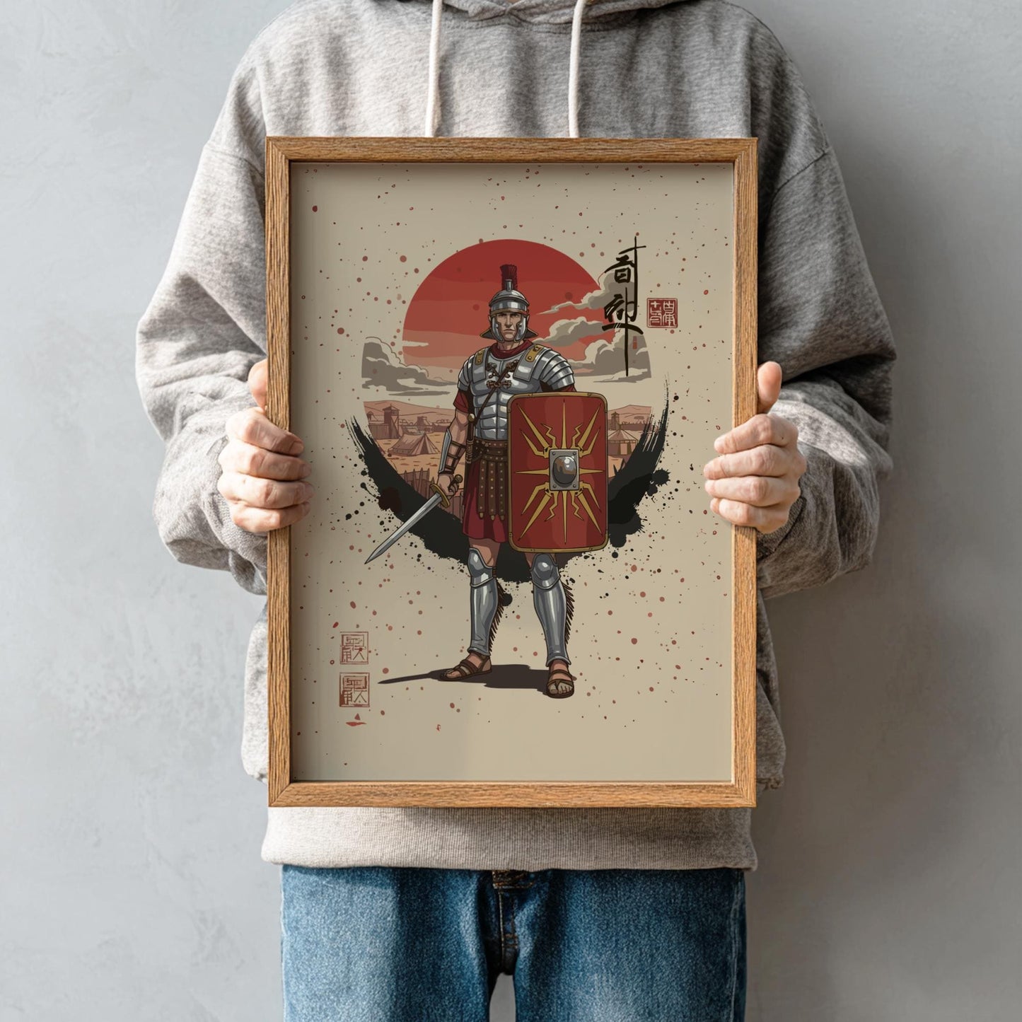 Roman Centurion Japanese Ink Art Print, Sumi-e Rising Sun Poster, Mixed Media Warrior Decor