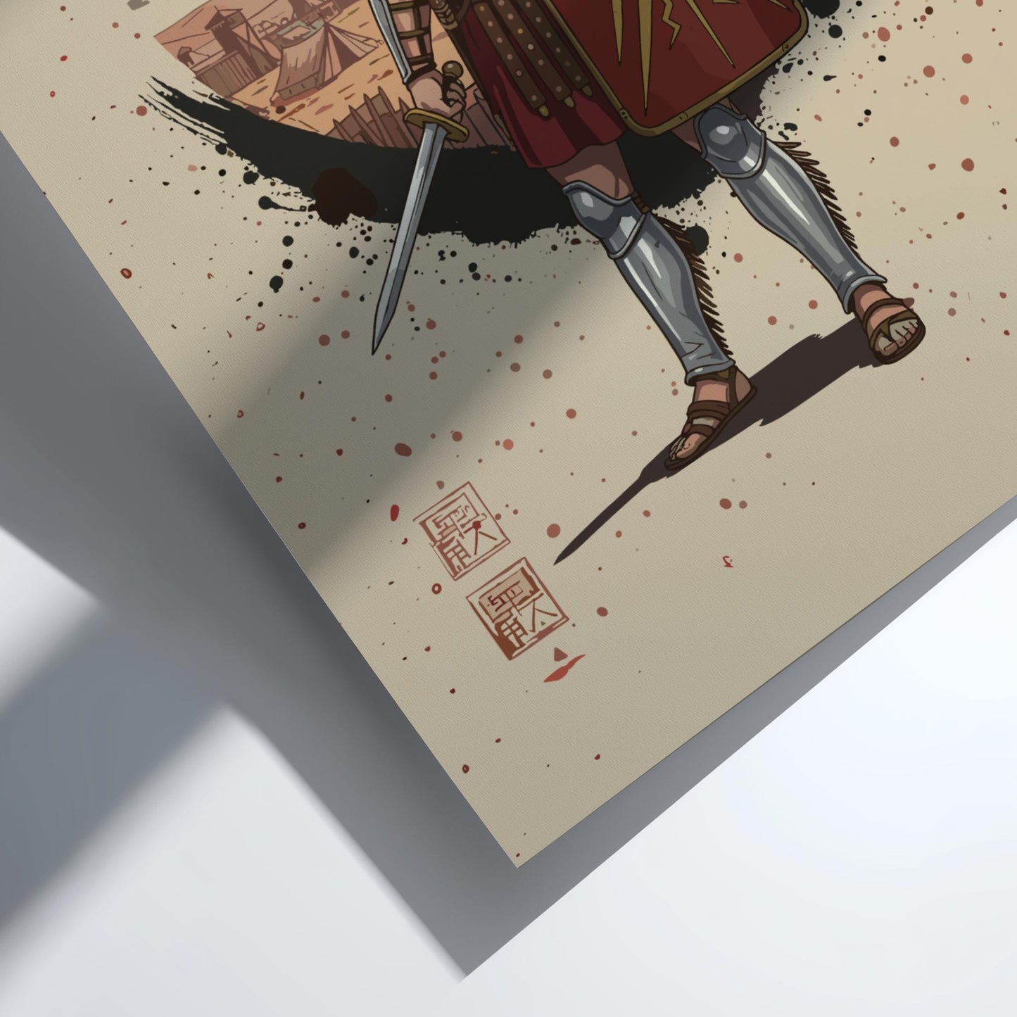 Roman Centurion Japanese Ink Art Print, Sumi-e Rising Sun Poster, Mixed Media Warrior Decor