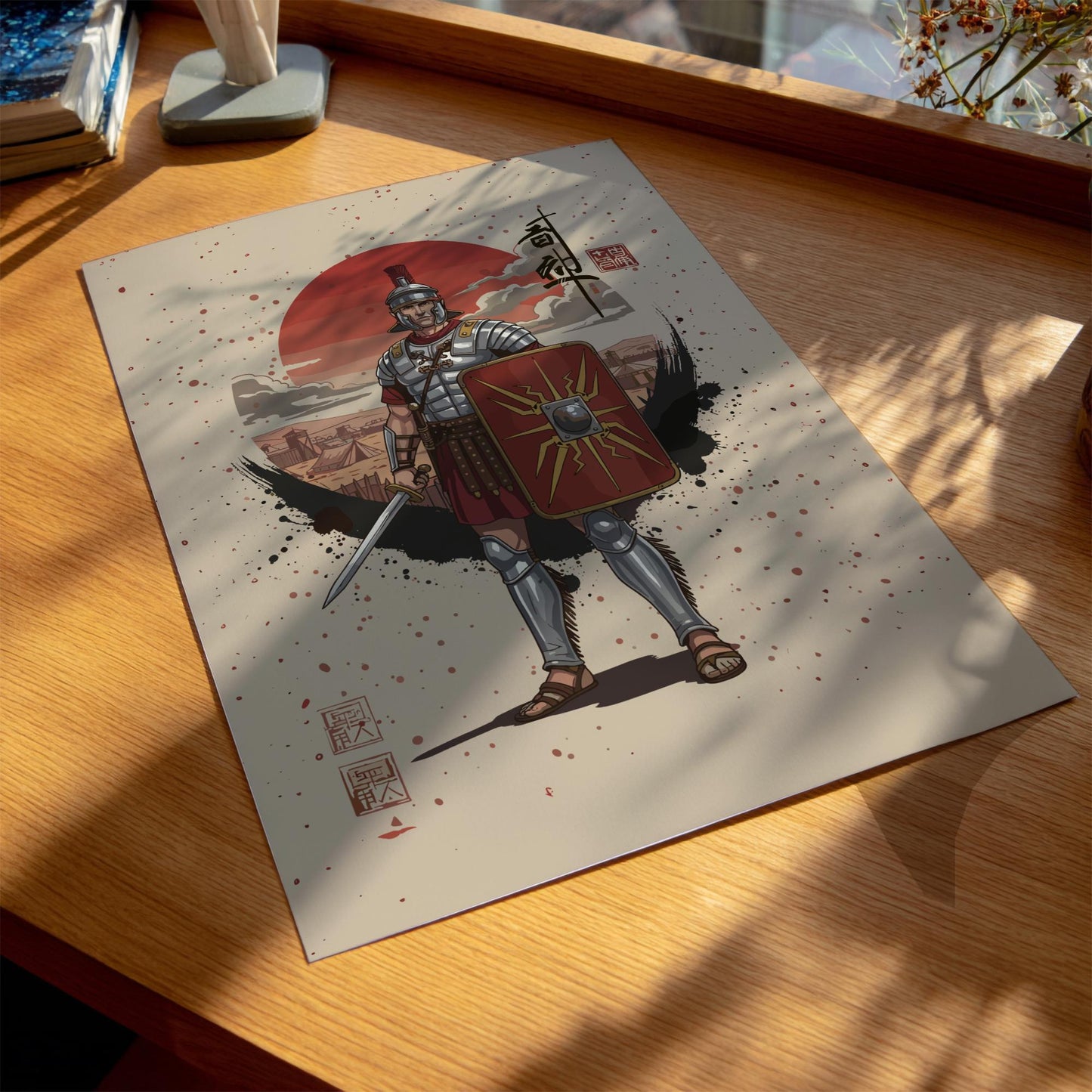 Roman Centurion Japanese Ink Art Print, Sumi-e Rising Sun Poster, Mixed Media Warrior Decor