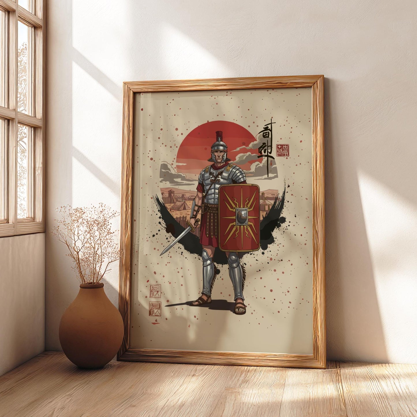 Roman Centurion Japanese Ink Art Print, Sumi-e Rising Sun Poster, Mixed Media Warrior Decor