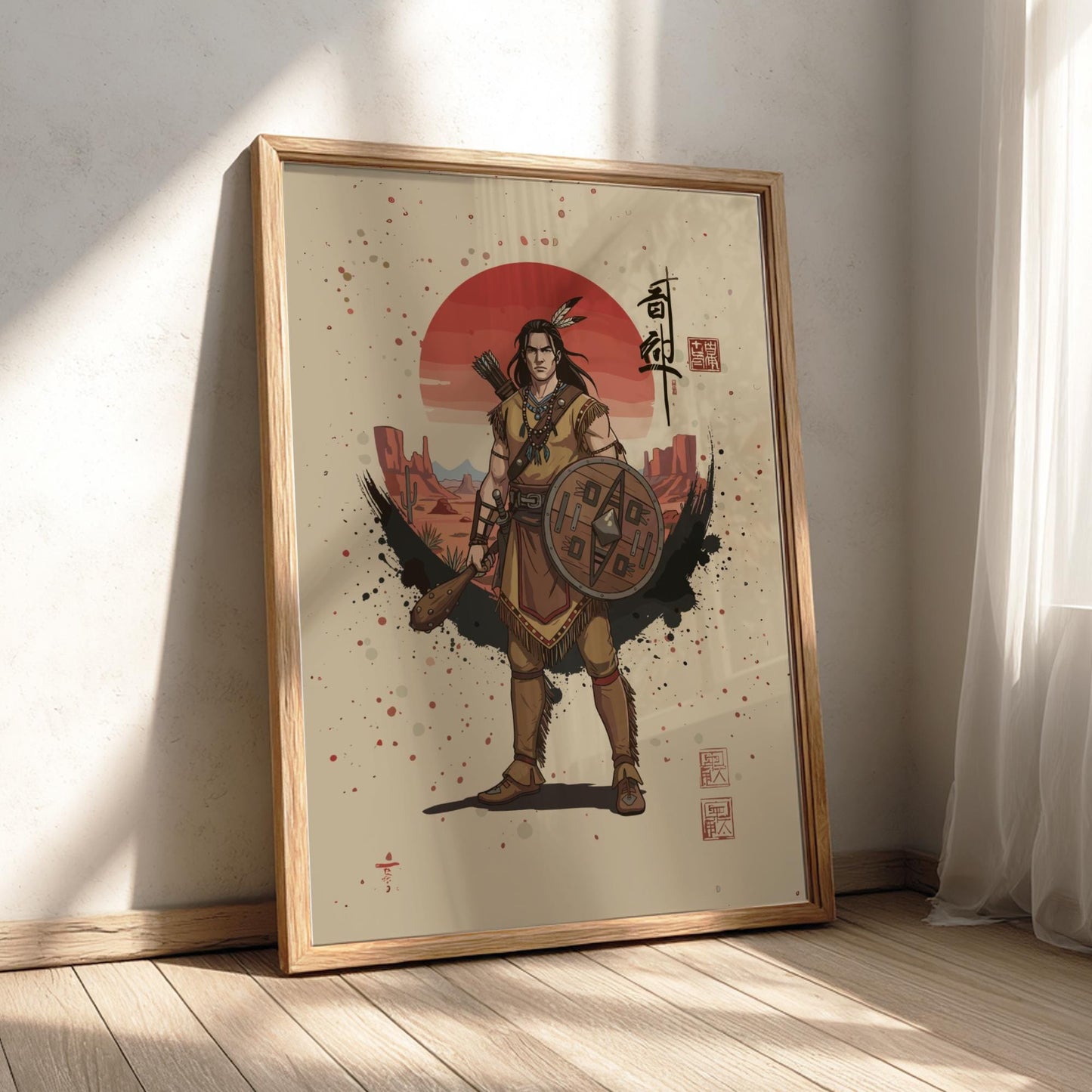 Apache Warrior Japanese Ink Art Print, Sumi-e Rising Sun Poster, Mixed Media Wall Decor