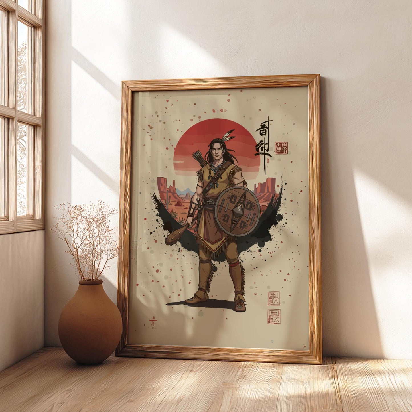 Apache Warrior Japanese Ink Art Print, Sumi-e Rising Sun Poster, Mixed Media Wall Decor