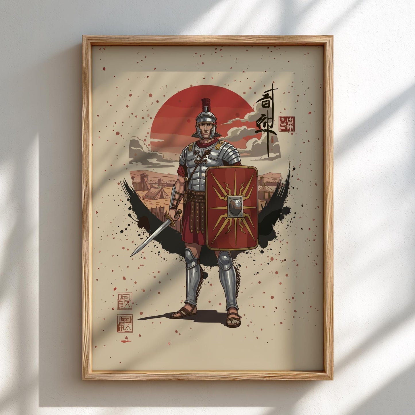 Roman Centurion Japanese Ink Art Print, Sumi-e Rising Sun Poster, Mixed Media Warrior Decor