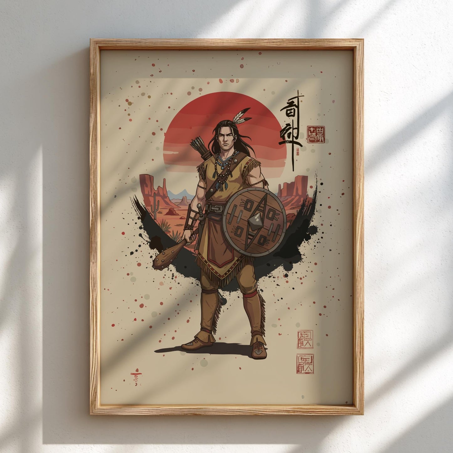 Apache Warrior Japanese Ink Art Print, Sumi-e Rising Sun Poster, Mixed Media Wall Decor