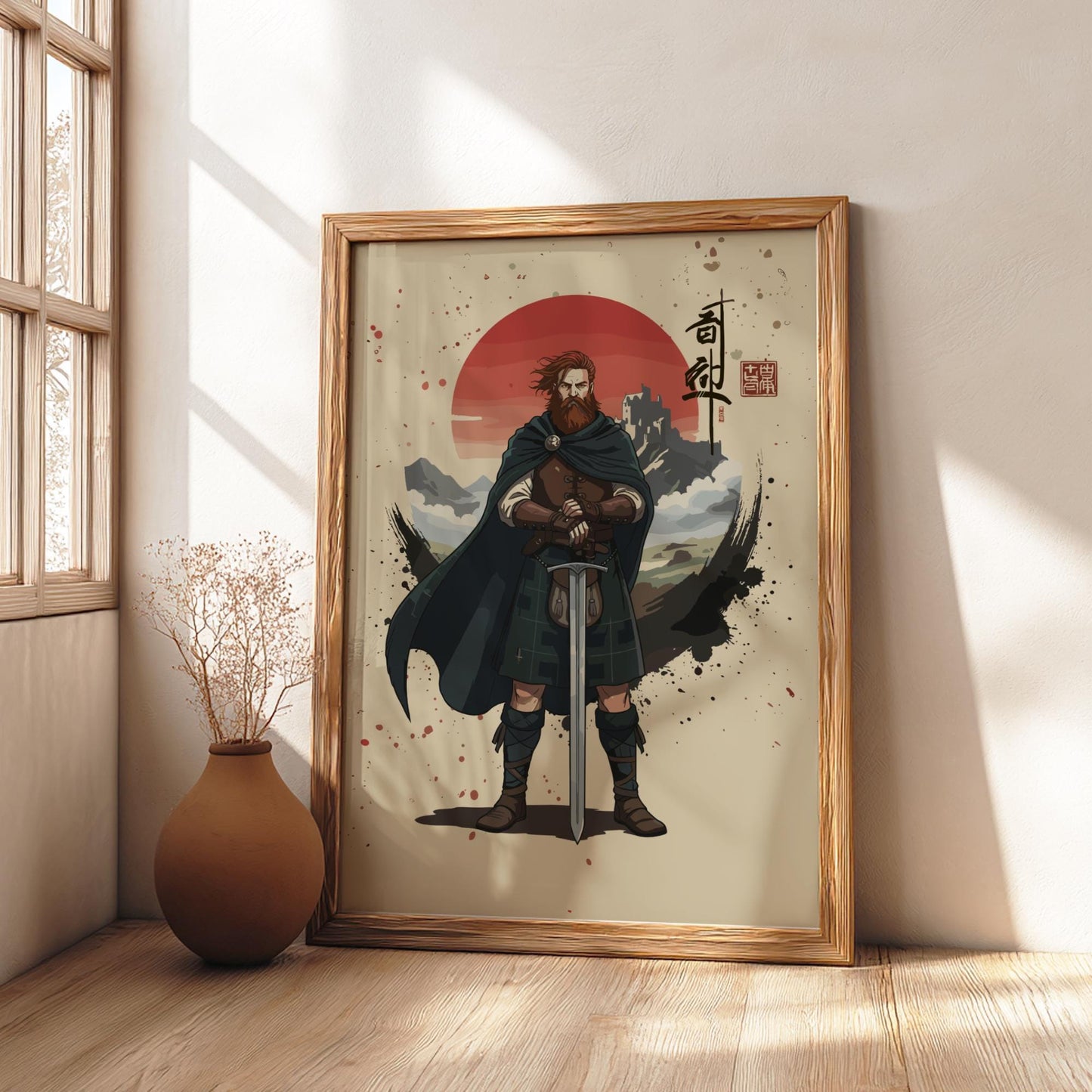 Highland Scottish Warrior Japanese Ink Art Print, Sumi-e Rising Sun Poster, Mixed Media Wall Decor