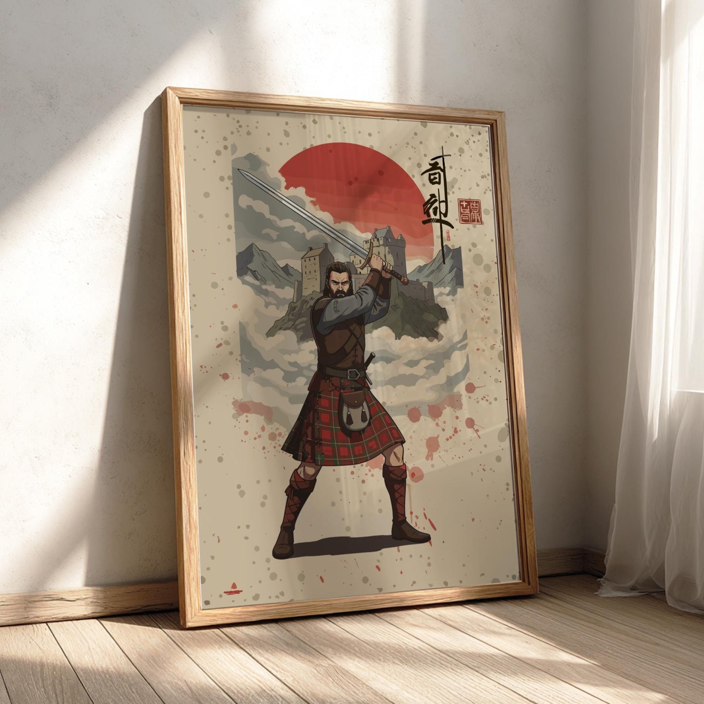 Highland Scottish Warrior Japanese Ink Art Print, Sumi-e Rising Sun Poster, Mixed Media Wall Decor