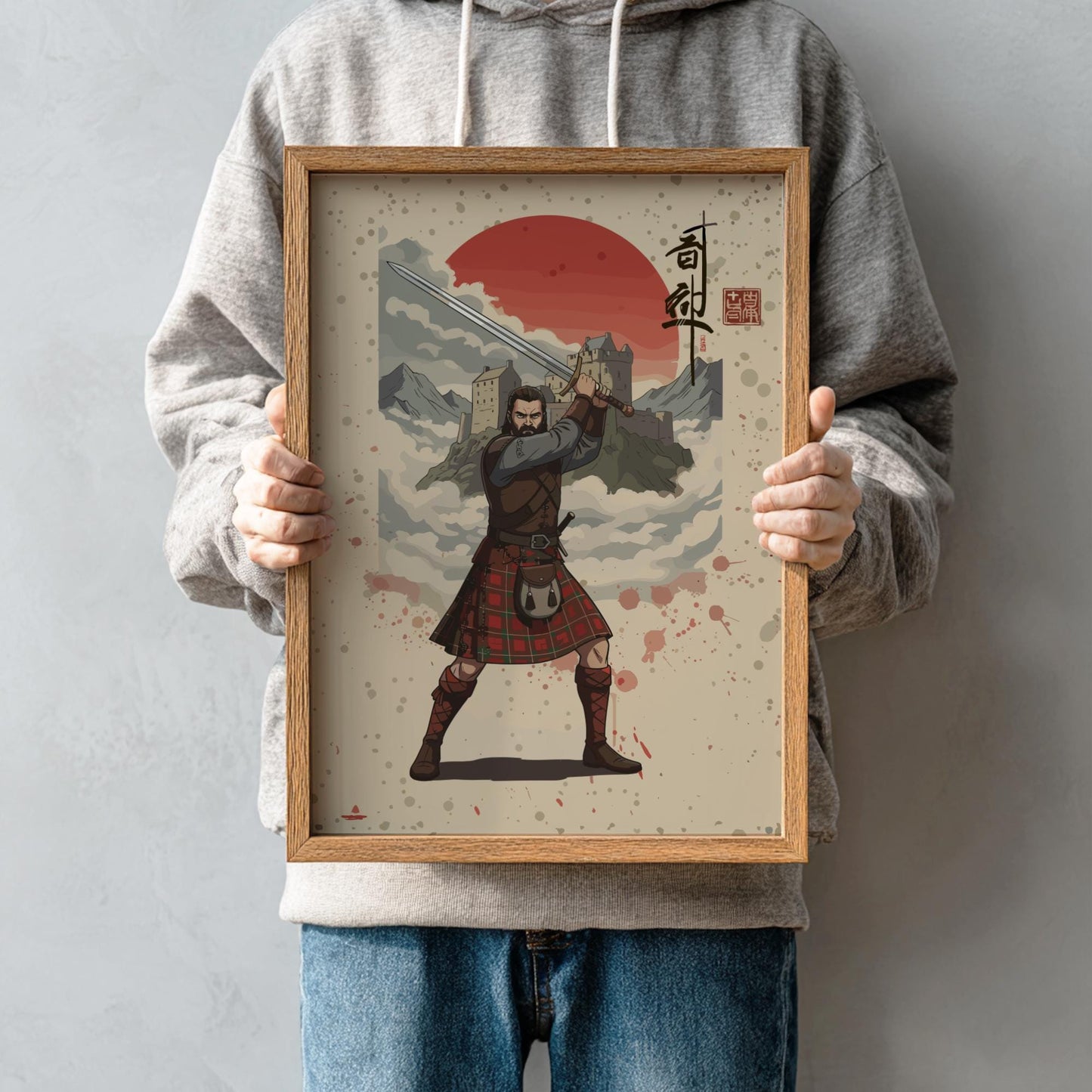 Highland Scottish Warrior Japanese Ink Art Print, Sumi-e Rising Sun Poster, Mixed Media Wall Decor