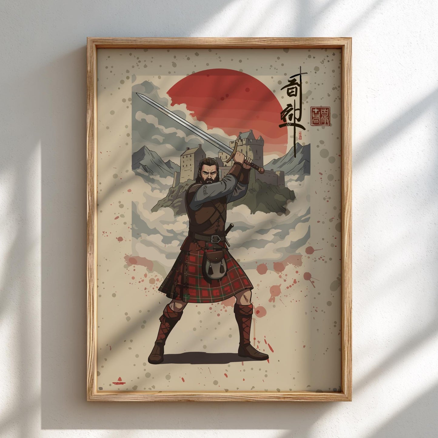 Highland Scottish Warrior Japanese Ink Art Print, Sumi-e Rising Sun Poster, Mixed Media Wall Decor