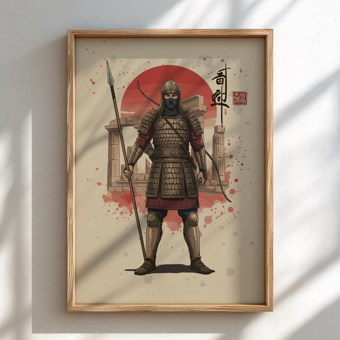 Persian Immortal Japanese Ink Art Print, Sumi-e Rising Sun Poster, Mixed Media Warrior Decor