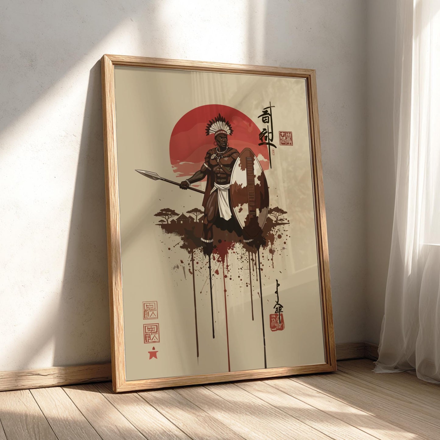 Zulu Warrior Japanese Ink Art Print, Sumi-e Rising Sun Poster, Mixed Media Wall Decor