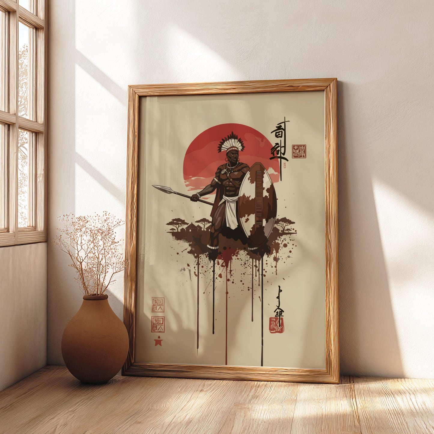 Zulu Warrior Japanese Ink Art Print, Sumi-e Rising Sun Poster, Mixed Media Wall Decor