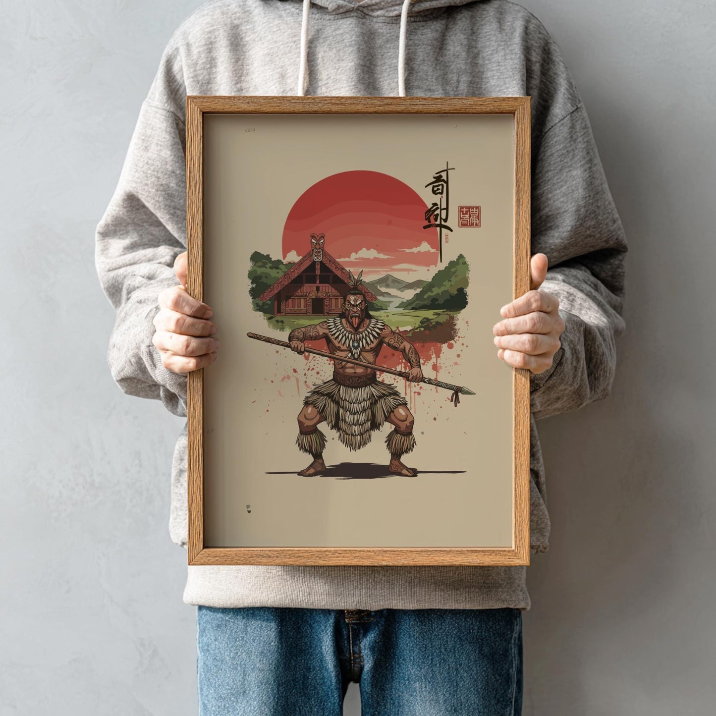 Maori Warrior Japanese Ink Art Print, Sumi-e Rising Sun Poster, Mixed Media Wall Decor