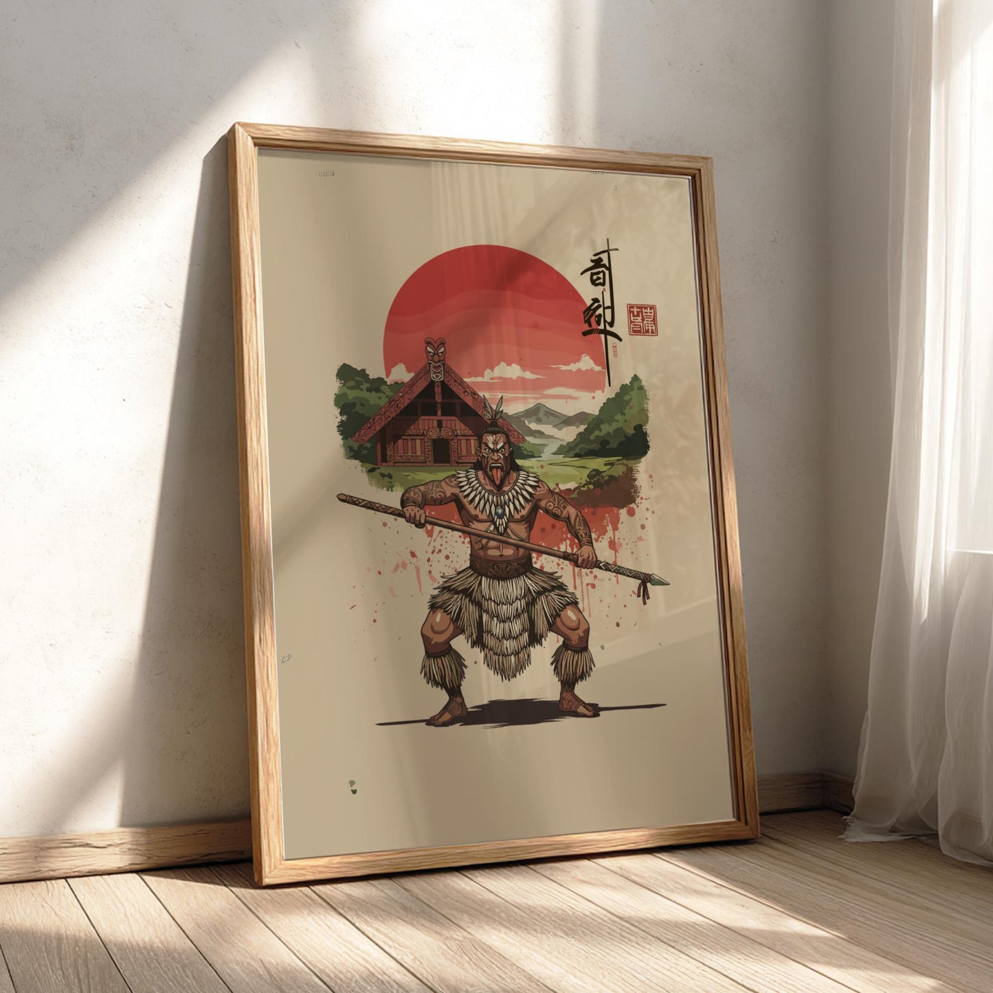 Maori Warrior Japanese Ink Art Print, Sumi-e Rising Sun Poster, Mixed Media Wall Decor