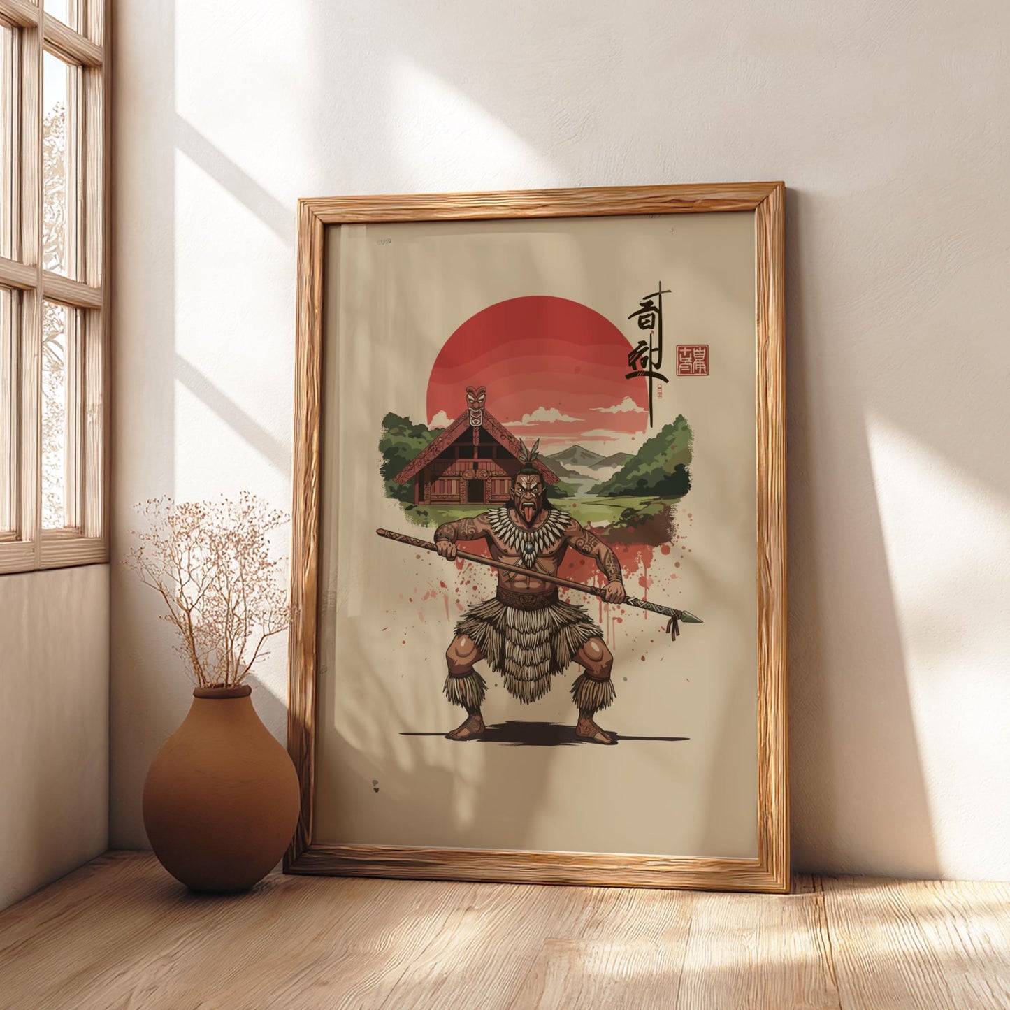Maori Warrior Japanese Ink Art Print, Sumi-e Rising Sun Poster, Mixed Media Wall Decor