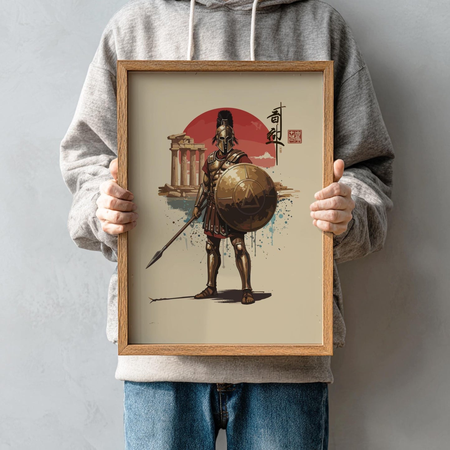 Spartan Warrior Japanese Ink Art Print, Sumi-e Rising Sun Poster, Mixed Media Wall Decor