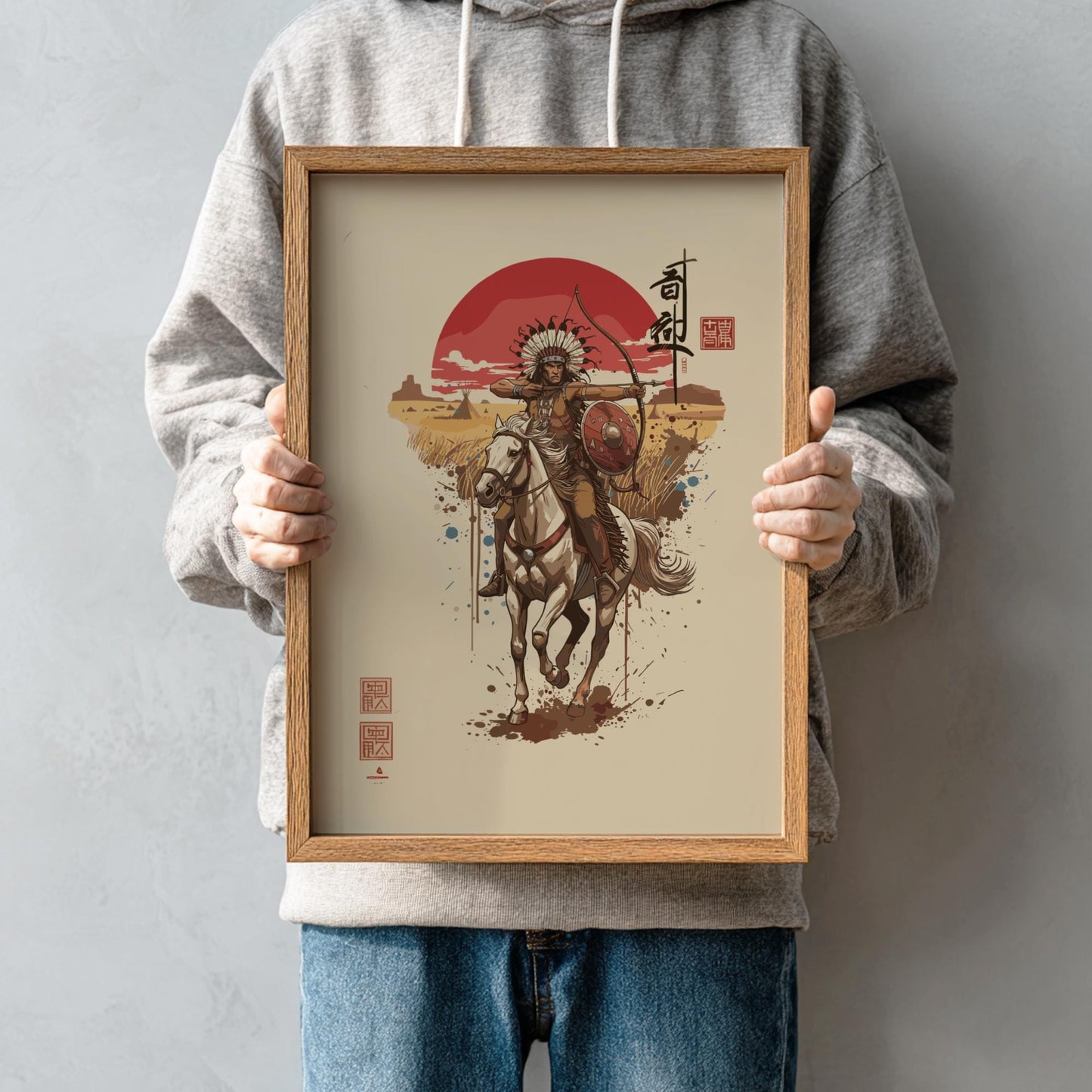 Native American Warrior Japanese Ink Art Print, Sumi-e Rising Sun Poster, Mixed Media Wall Decor
