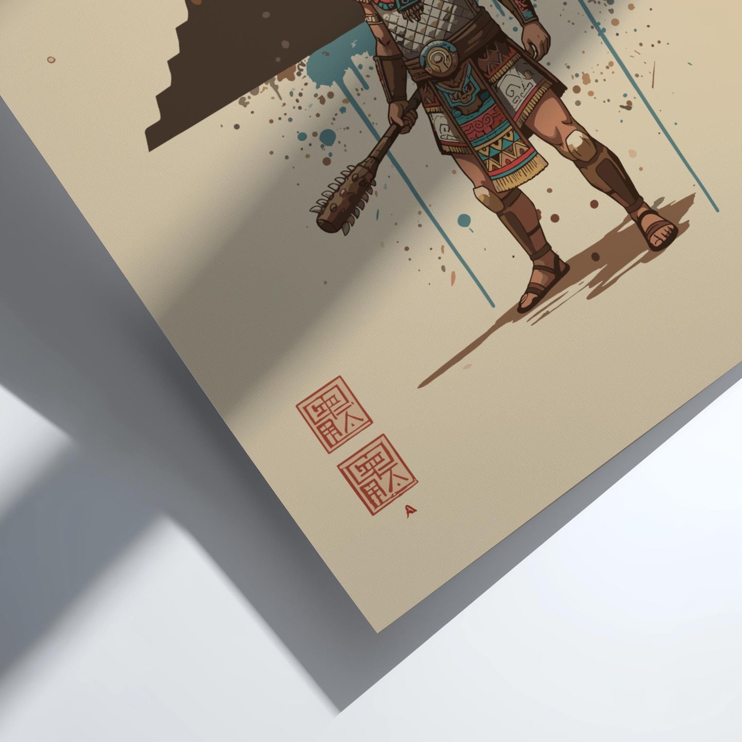 Aztec Warrior Japanese Ink Art Print, Sumi-e Rising Sun Poster, Mixed Media Wall Decor