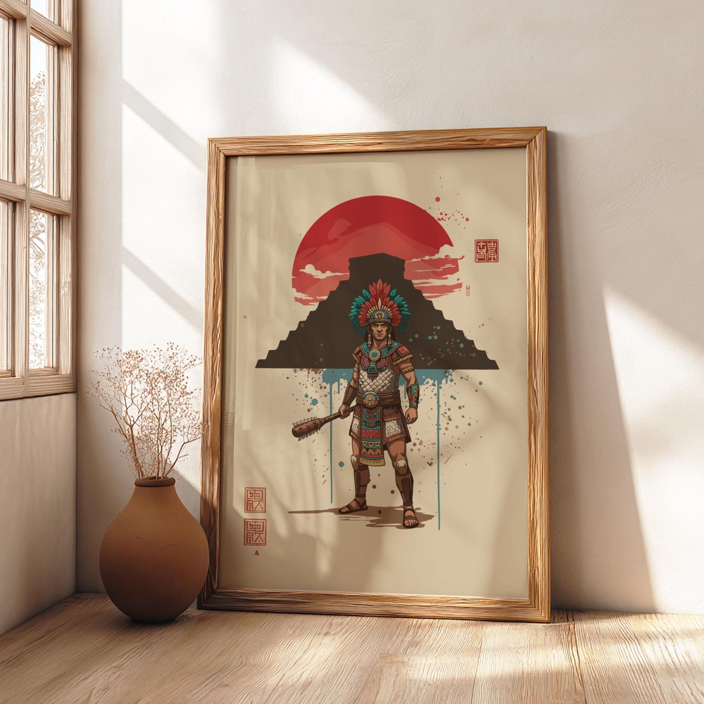 Aztec Warrior Japanese Ink Art Print, Sumi-e Rising Sun Poster, Mixed Media Wall Decor