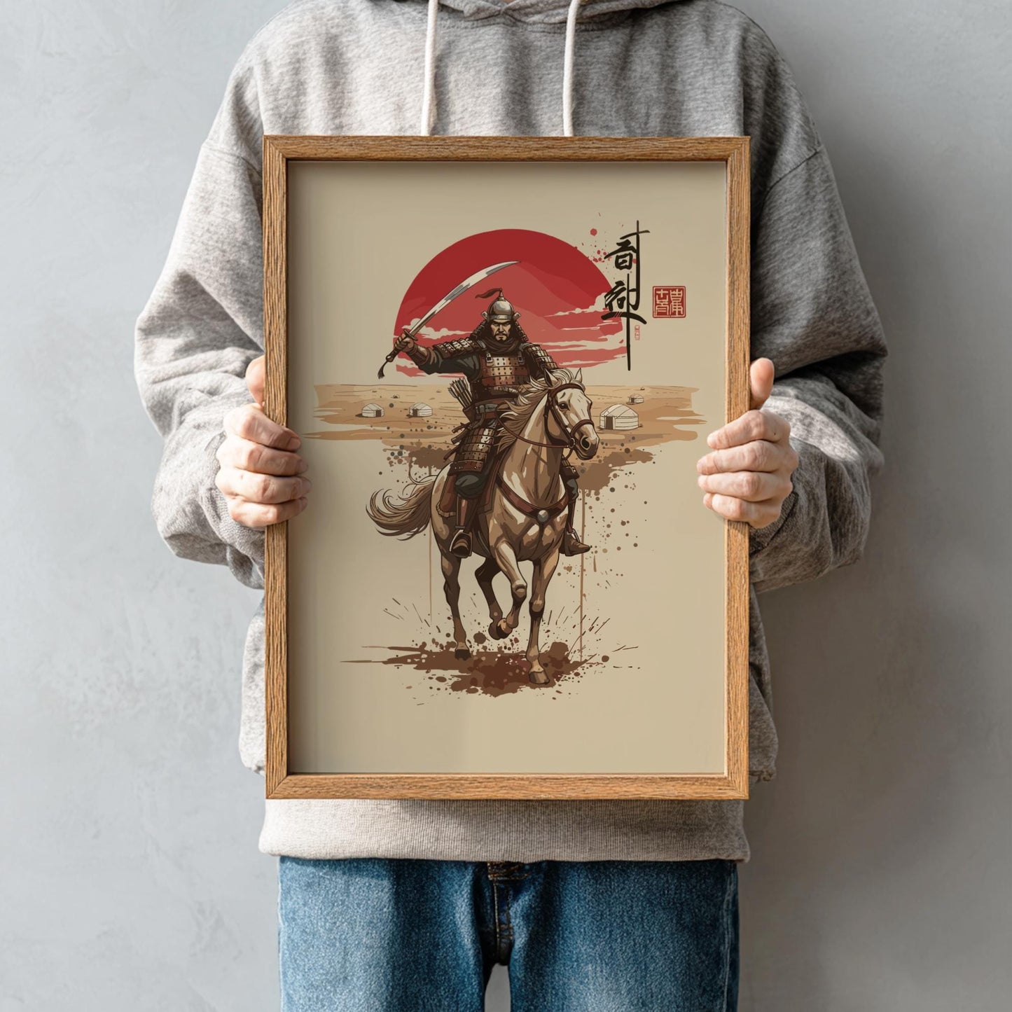 Mongol Warrior Japanese Ink Art Print, Sumi-e Rising Sun Poster, Mixed Media Wall Decor
