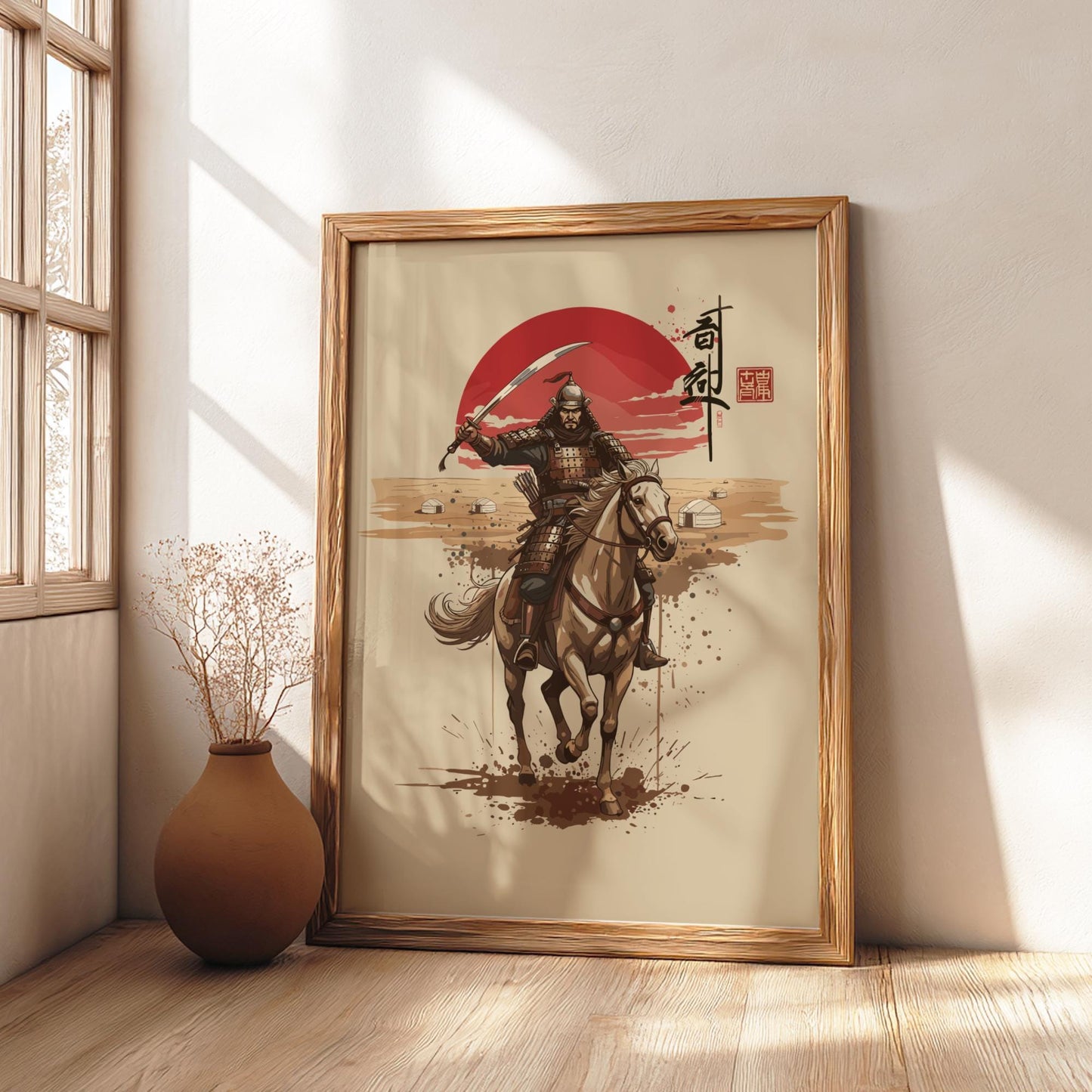 Mongol Warrior Japanese Ink Art Print, Sumi-e Rising Sun Poster, Mixed Media Wall Decor